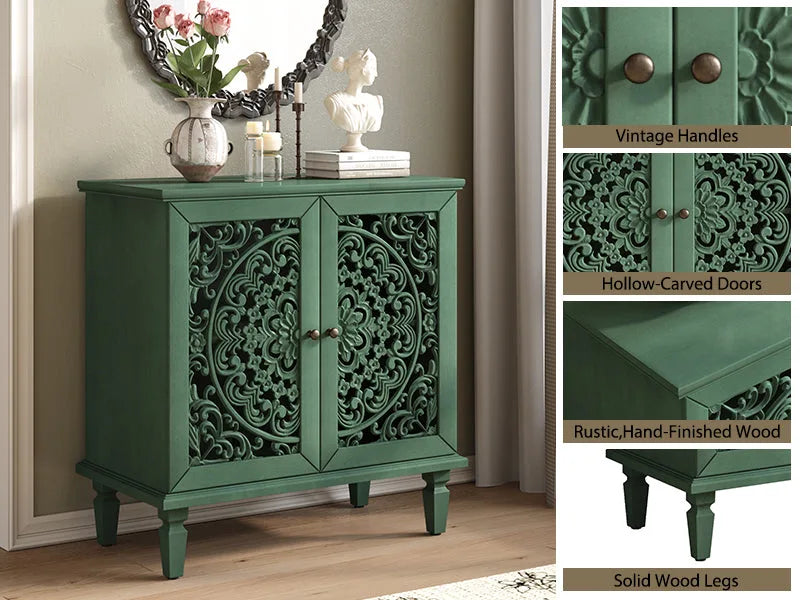 Vintage Hollow-Carved Accent Cabinet, 2-Door Display Storage Sideboard with Symmetrical Floral Design, Adjustable Shelf and Solid Wood Legs for Living Room Entryway(Antique Blue) detail view 38