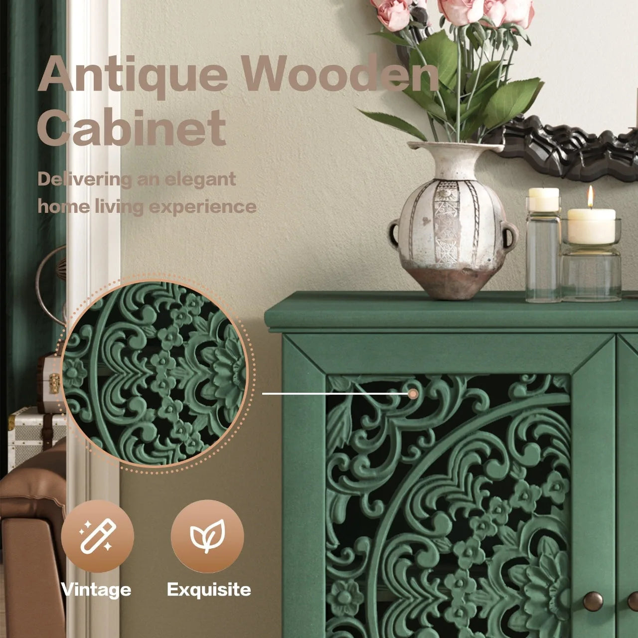 Vintage Hollow-Carved Accent Cabinet, 2-Door Display Storage Sideboard with Symmetrical Floral Design, Adjustable Shelf and Solid Wood Legs for Living Room Entryway(Antique Blue) detail view 39