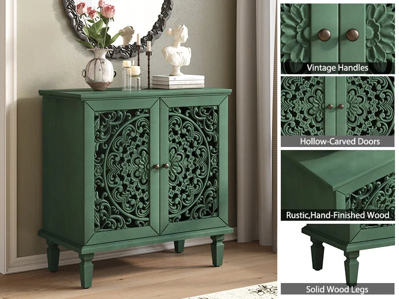 Vintage Hollow-Carved Accent Cabinet, 2-Door Display Storage Sideboard with Symmetrical Floral Design, Adjustable Shelf and Solid Wood Legs for Living Room Entryway(Antique Blue) detail view 40