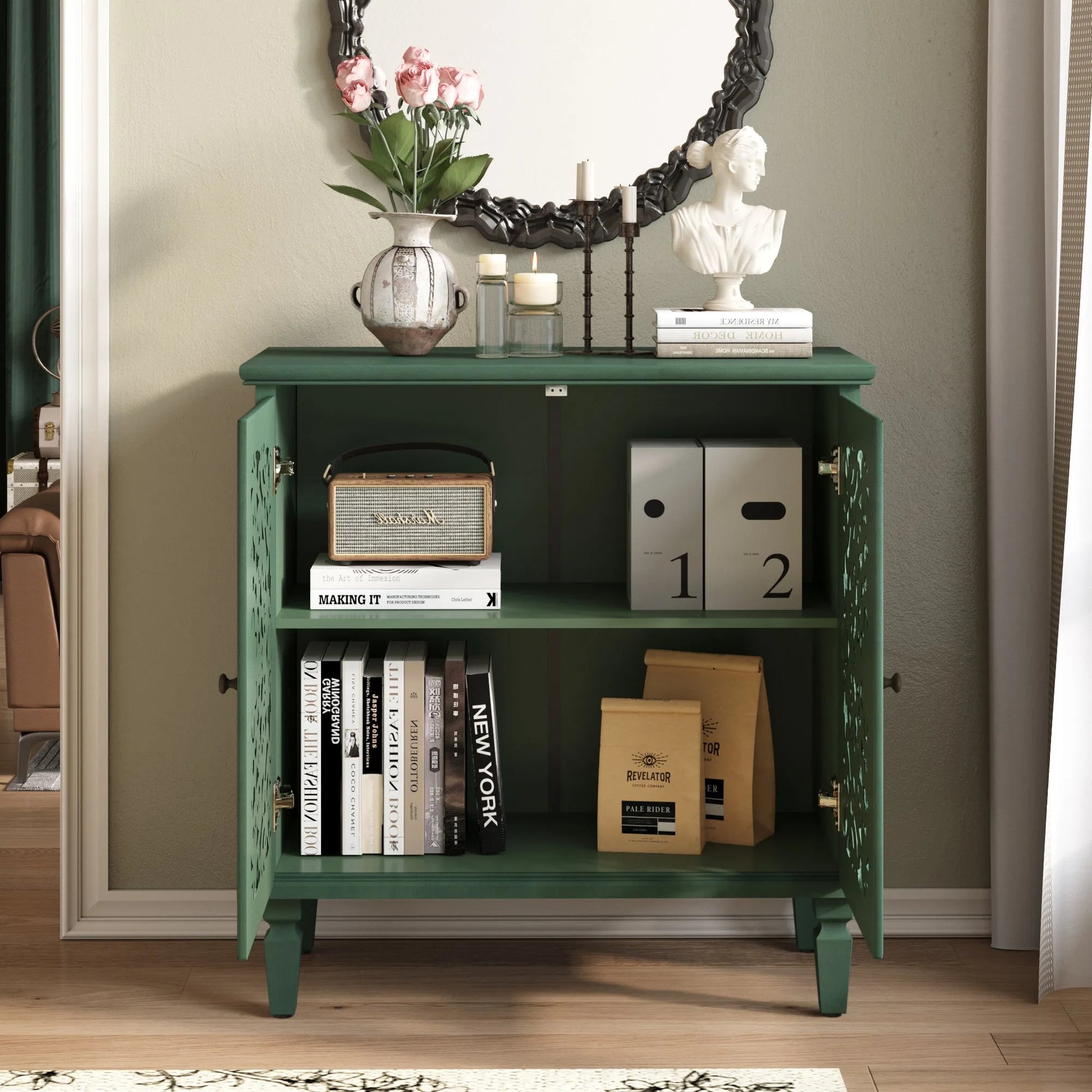 Vintage Hollow-Carved Accent Cabinet, 2-Door Display Storage Sideboard with Symmetrical Floral Design, Adjustable Shelf and Solid Wood Legs for Living Room Entryway(Antique Blue) detail view 41