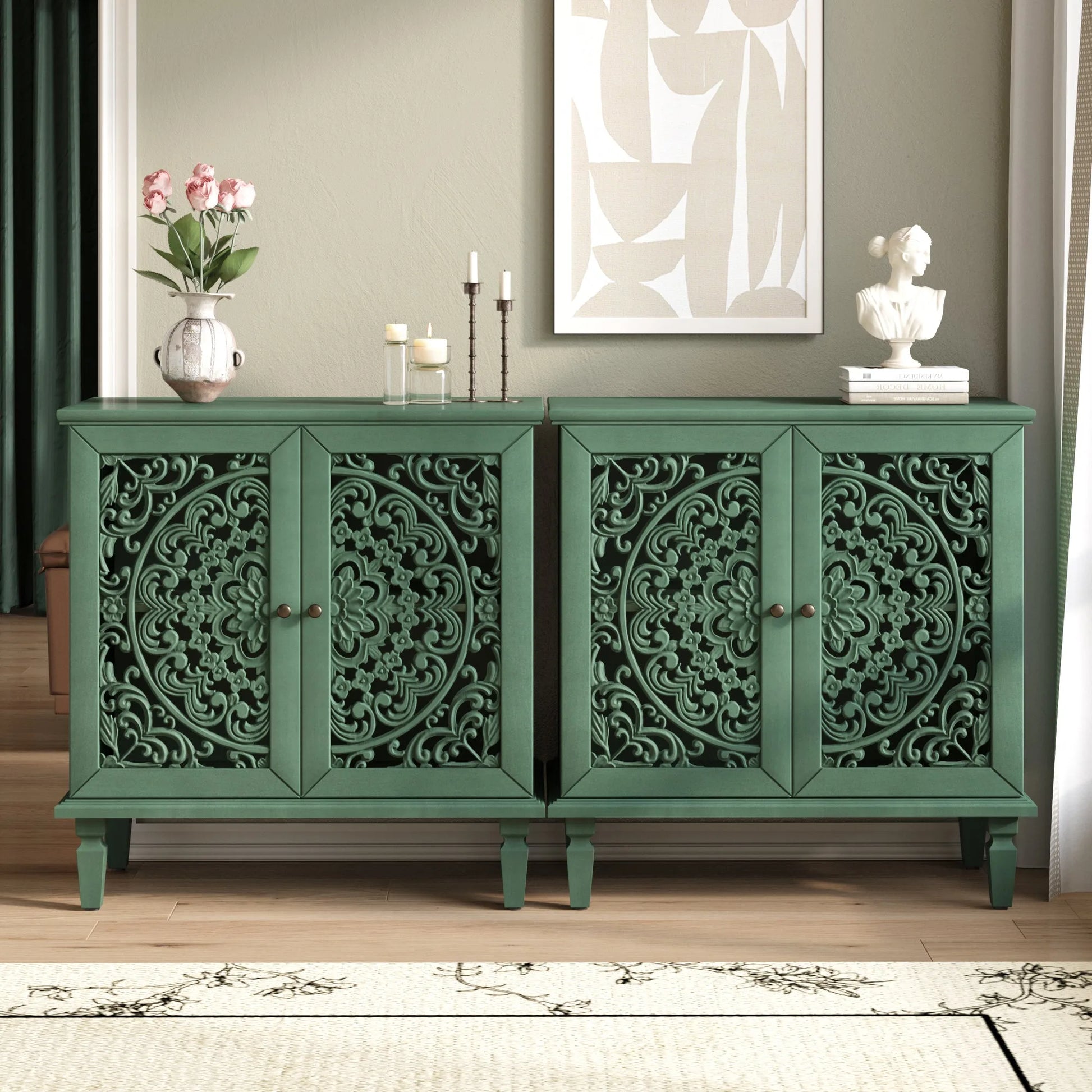 Vintage Hollow-Carved Accent Cabinet, 2-Door Display Storage Sideboard with Symmetrical Floral Design, Adjustable Shelf and Solid Wood Legs for Living Room Entryway(Antique Blue) detail view 44