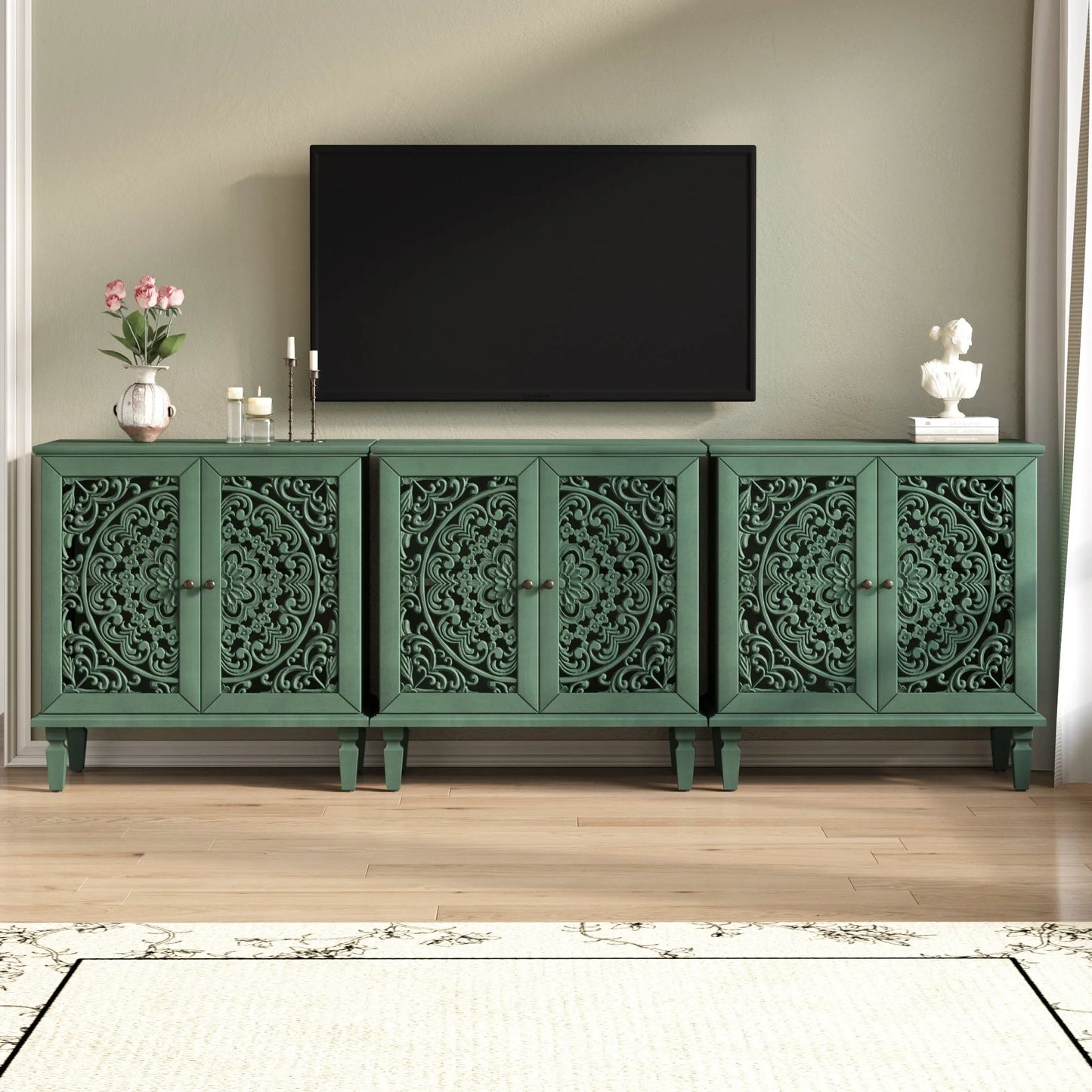 Vintage Hollow-Carved Accent Cabinet, 2-Door Display Storage Sideboard with Symmetrical Floral Design, Adjustable Shelf and Solid Wood Legs for Living Room Entryway(Antique Blue) detail view 45