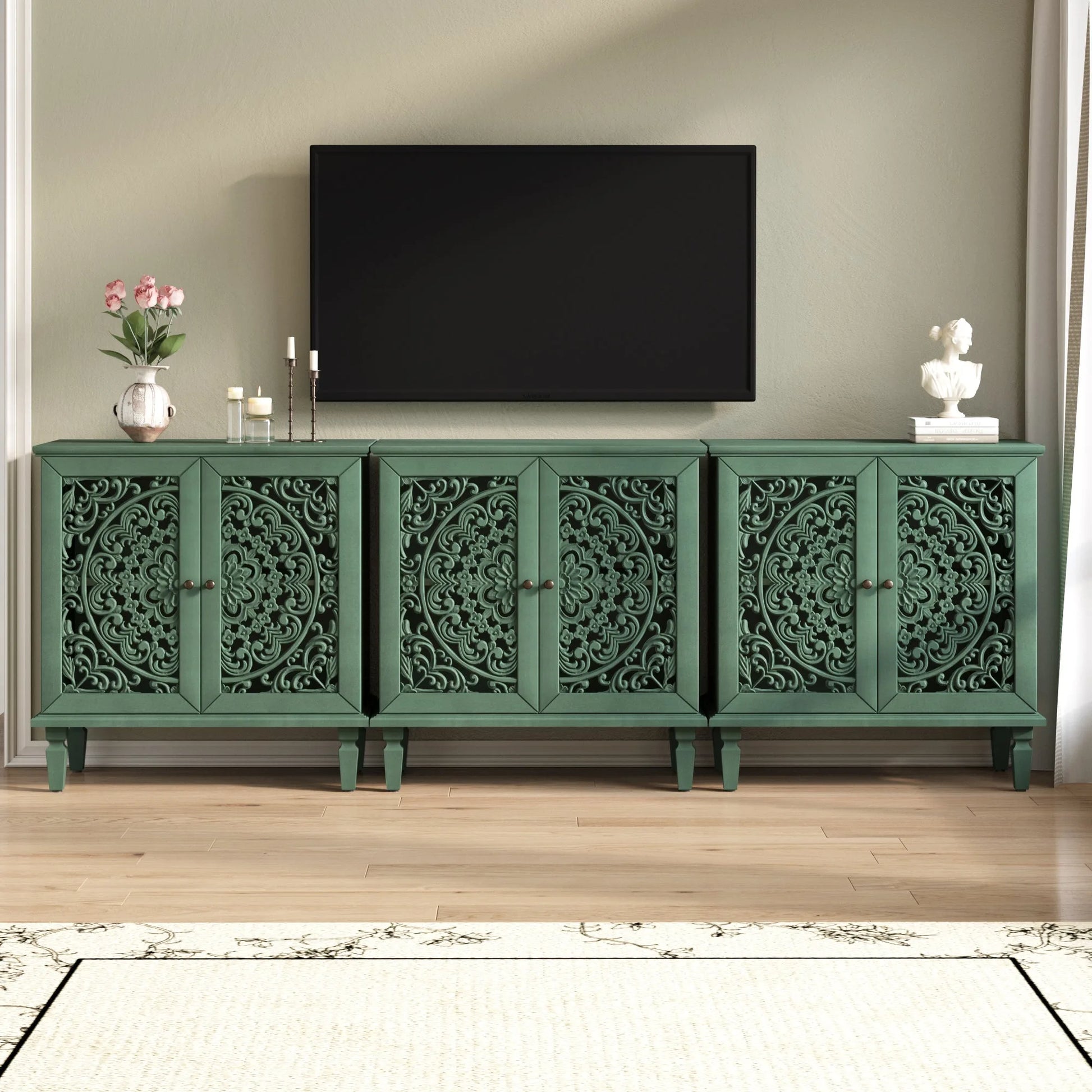 Vintage Hollow-Carved Accent Cabinet, 2-Door Display Storage Sideboard with Symmetrical Floral Design, Adjustable Shelf and Solid Wood Legs for Living Room Entryway(Antique Blue) detail view 45