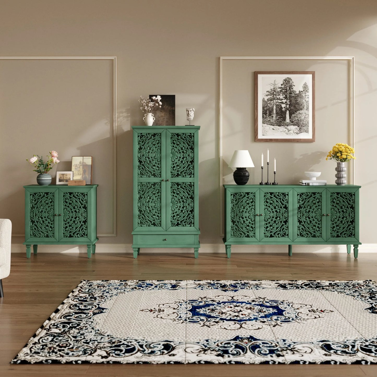 Vintage Hollow-Carved Accent Cabinet, 2-Door Display Storage Sideboard with Symmetrical Floral Design, Adjustable Shelf and Solid Wood Legs for Living Room Entryway(Antique Blue) detail view 46