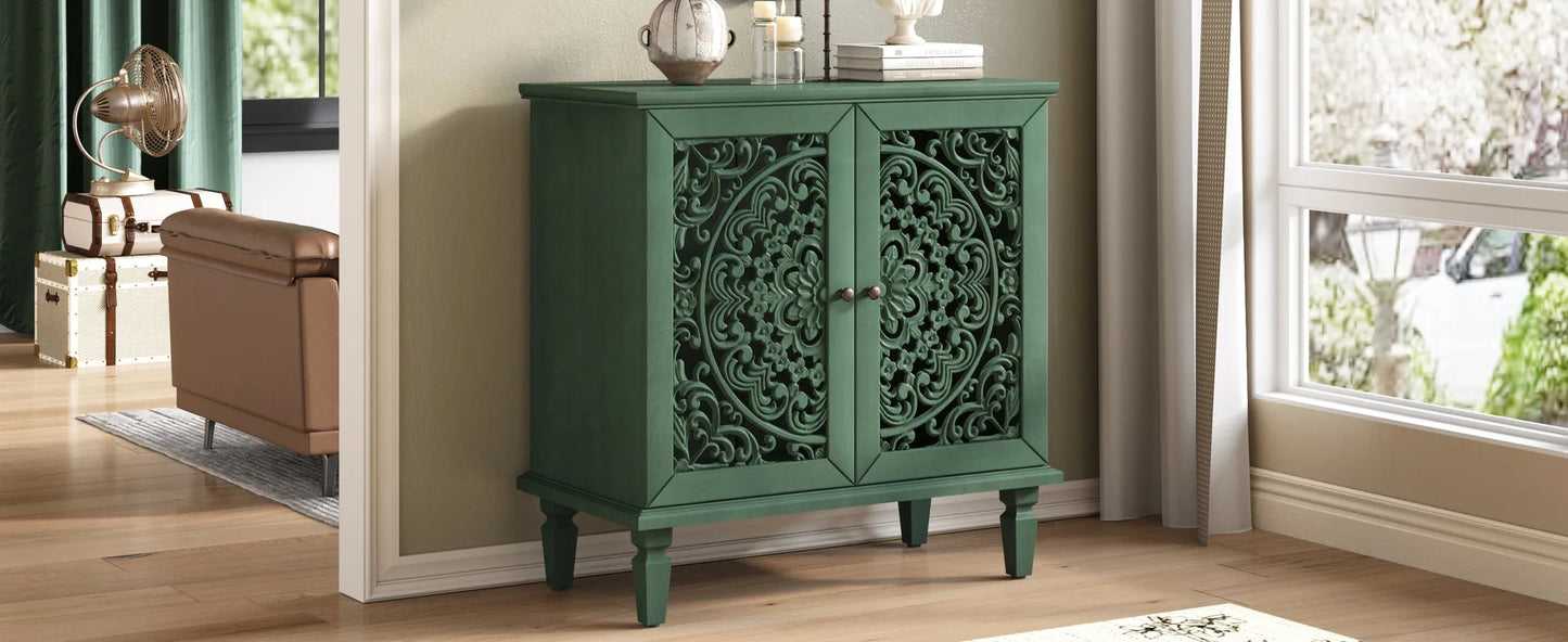 Vintage Hollow-Carved Accent Cabinet, 2-Door Display Storage Sideboard with Symmetrical Floral Design, Adjustable Shelf and Solid Wood Legs for Living Room Entryway(Antique Blue) detail view 47