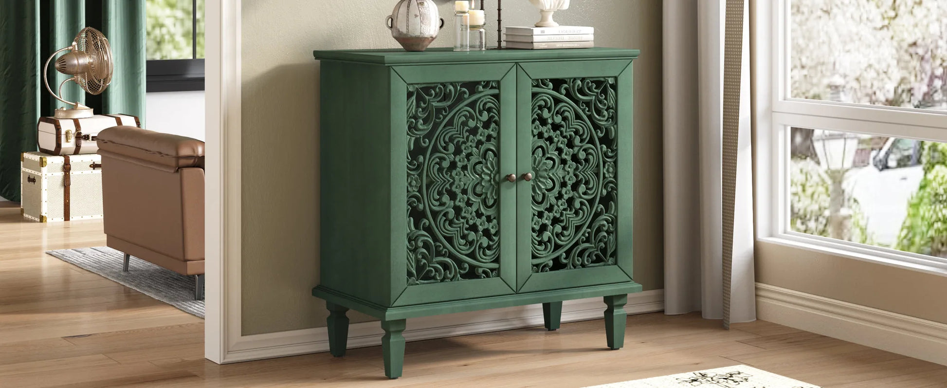 Vintage Hollow-Carved Accent Cabinet, 2-Door Display Storage Sideboard with Symmetrical Floral Design, Adjustable Shelf and Solid Wood Legs for Living Room Entryway(Antique Blue) detail view 47