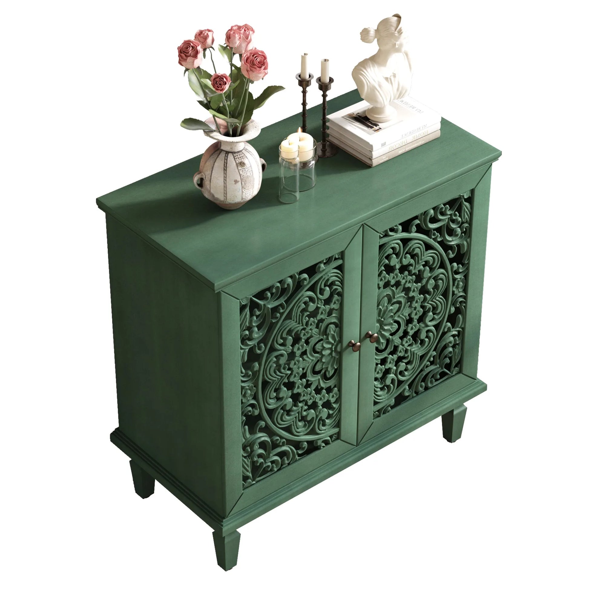 Vintage Hollow-Carved Accent Cabinet, 2-Door Display Storage Sideboard with Symmetrical Floral Design, Adjustable Shelf and Solid Wood Legs for Living Room Entryway(Antique Blue) detail view 48