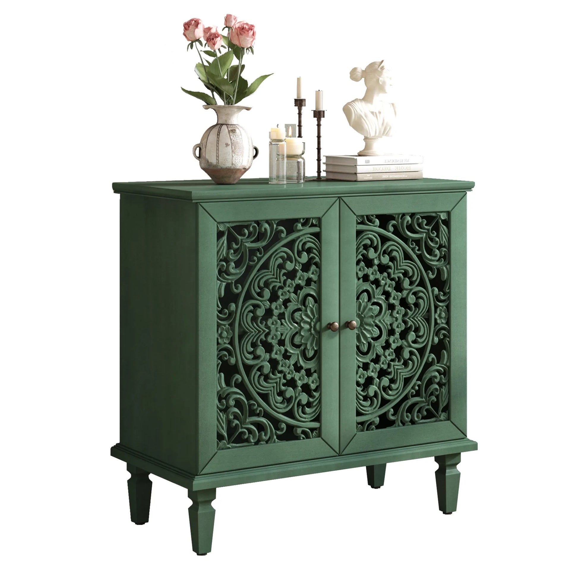 Vintage Hollow-Carved Accent Cabinet, 2-Door Display Storage Sideboard with Symmetrical Floral Design, Adjustable Shelf and Solid Wood Legs for Living Room Entryway(Antique Blue) detail view 49