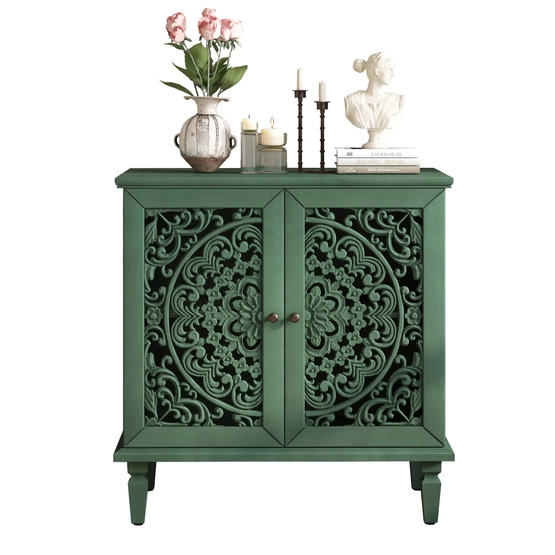 Vintage Hollow-Carved Accent Cabinet, 2-Door Display Storage Sideboard with Symmetrical Floral Design, Adjustable Shelf and Solid Wood Legs for Living Room Entryway(Antique Blue) detail view 51