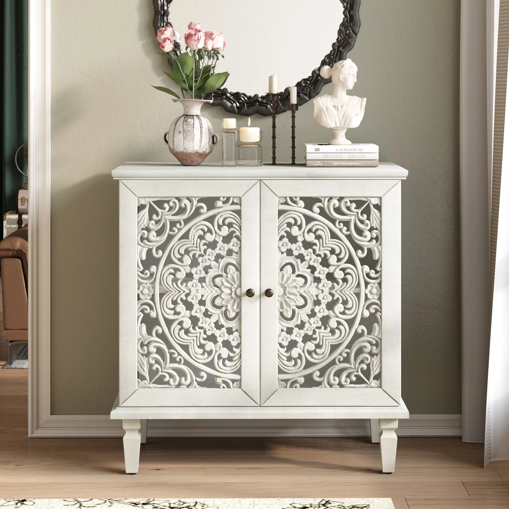Vintage Hollow-Carved Accent Cabinet, 2-Door Display Storage Sideboard with Symmetrical Floral Design, Adjustable Shelf and Solid Wood Legs for Living Room Entryway(Antique Blue) detail view 52