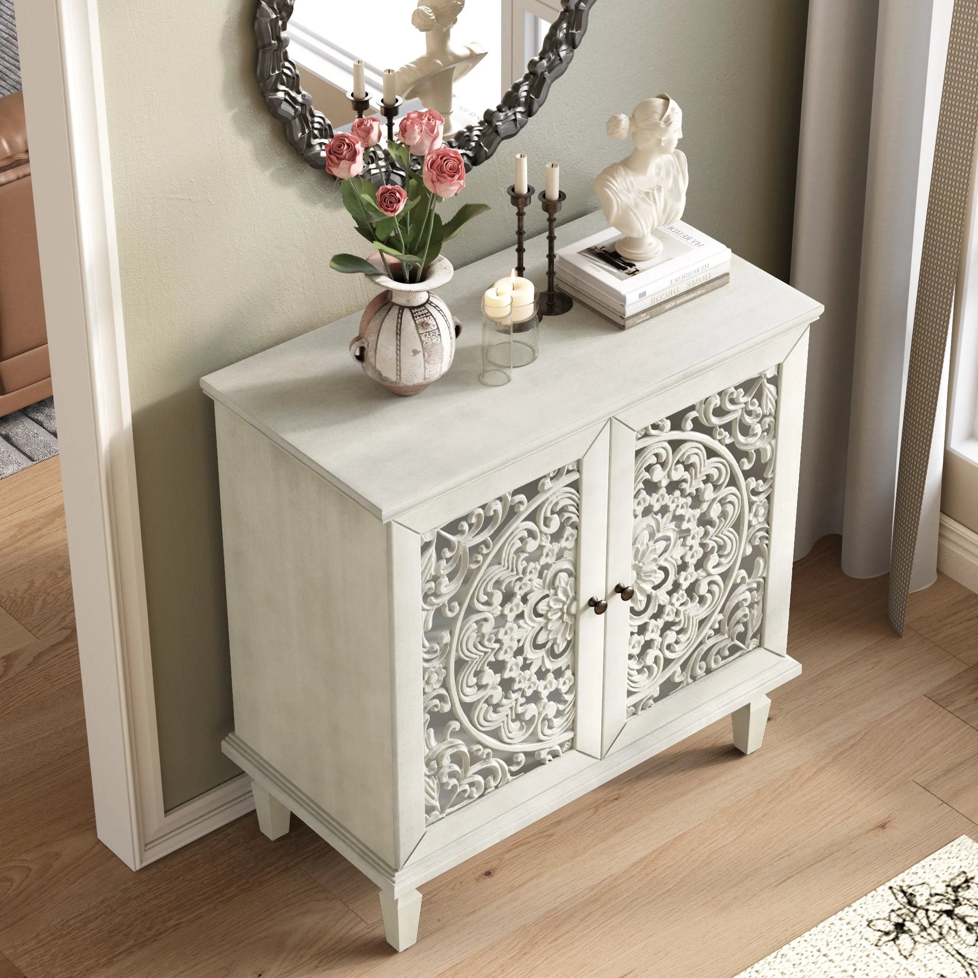 Vintage Hollow-Carved Accent Cabinet, 2-Door Display Storage Sideboard with Symmetrical Floral Design, Adjustable Shelf and Solid Wood Legs for Living Room Entryway(Antique Blue) detail view 53