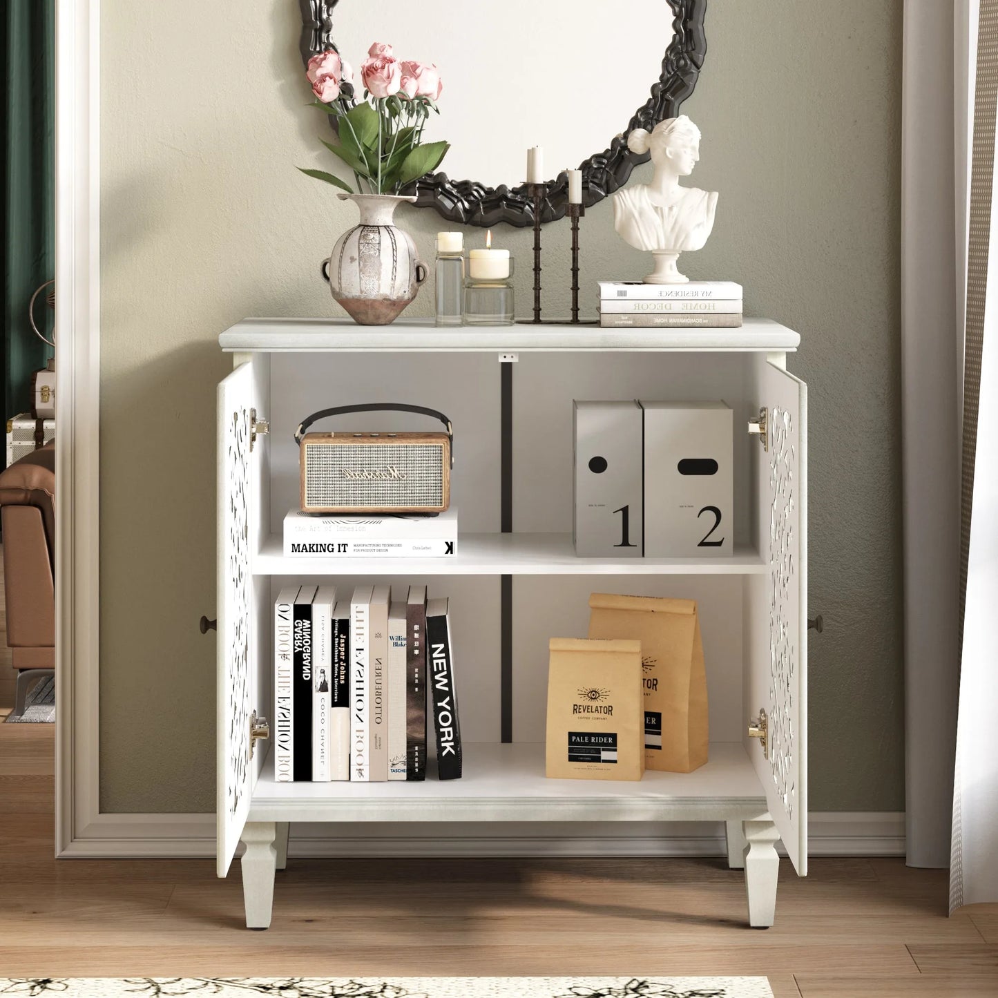 Vintage Hollow-Carved Accent Cabinet, 2-Door Display Storage Sideboard with Symmetrical Floral Design, Adjustable Shelf and Solid Wood Legs for Living Room Entryway(Antique Blue) detail view 54