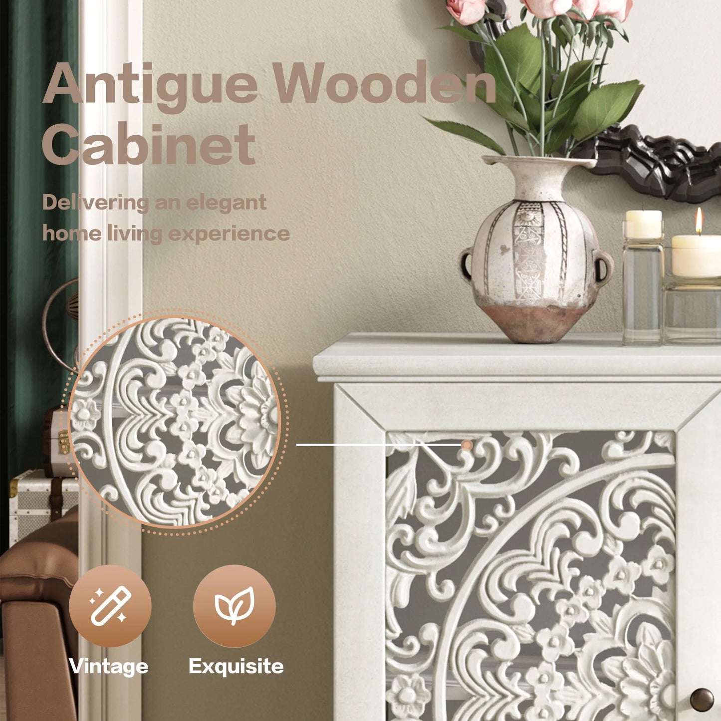 Vintage Hollow-Carved Accent Cabinet, 2-Door Display Storage Sideboard with Symmetrical Floral Design, Adjustable Shelf and Solid Wood Legs for Living Room Entryway(Antique Blue) detail view 55