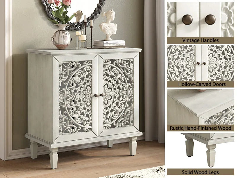 Vintage Hollow-Carved Accent Cabinet, 2-Door Display Storage Sideboard with Symmetrical Floral Design, Adjustable Shelf and Solid Wood Legs for Living Room Entryway(Antique Blue) detail view 56