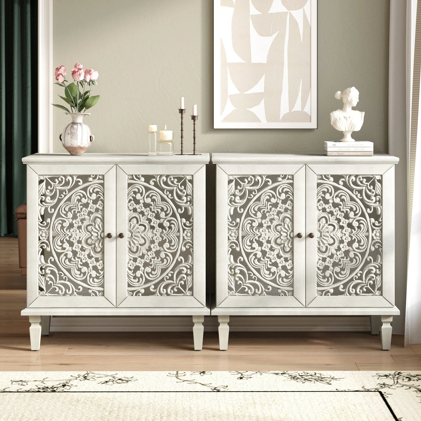 Vintage Hollow-Carved Accent Cabinet, 2-Door Display Storage Sideboard with Symmetrical Floral Design, Adjustable Shelf and Solid Wood Legs for Living Room Entryway(Antique Blue) detail view 59