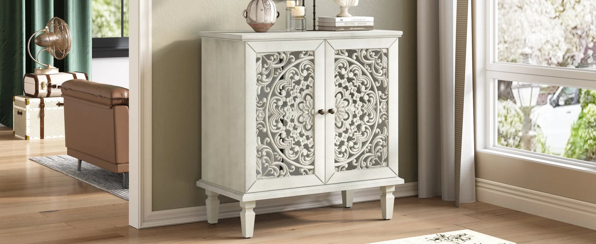 Vintage Hollow-Carved Accent Cabinet, 2-Door Display Storage Sideboard with Symmetrical Floral Design, Adjustable Shelf and Solid Wood Legs for Living Room Entryway(Antique Blue) detail view 60