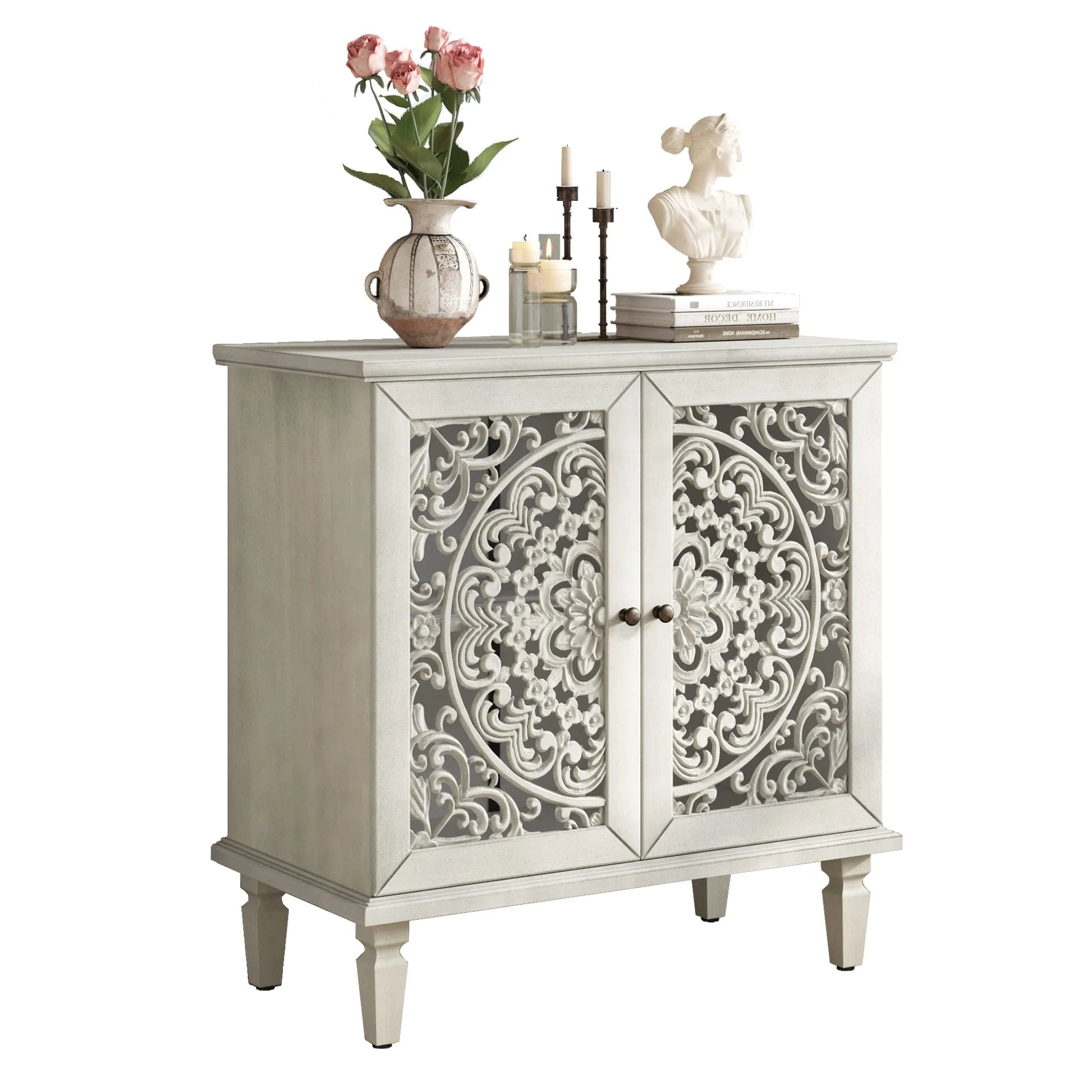 Vintage Hollow-Carved Accent Cabinet, 2-Door Display Storage Sideboard with Symmetrical Floral Design, Adjustable Shelf and Solid Wood Legs for Living Room Entryway(Antique Blue) detail view 61