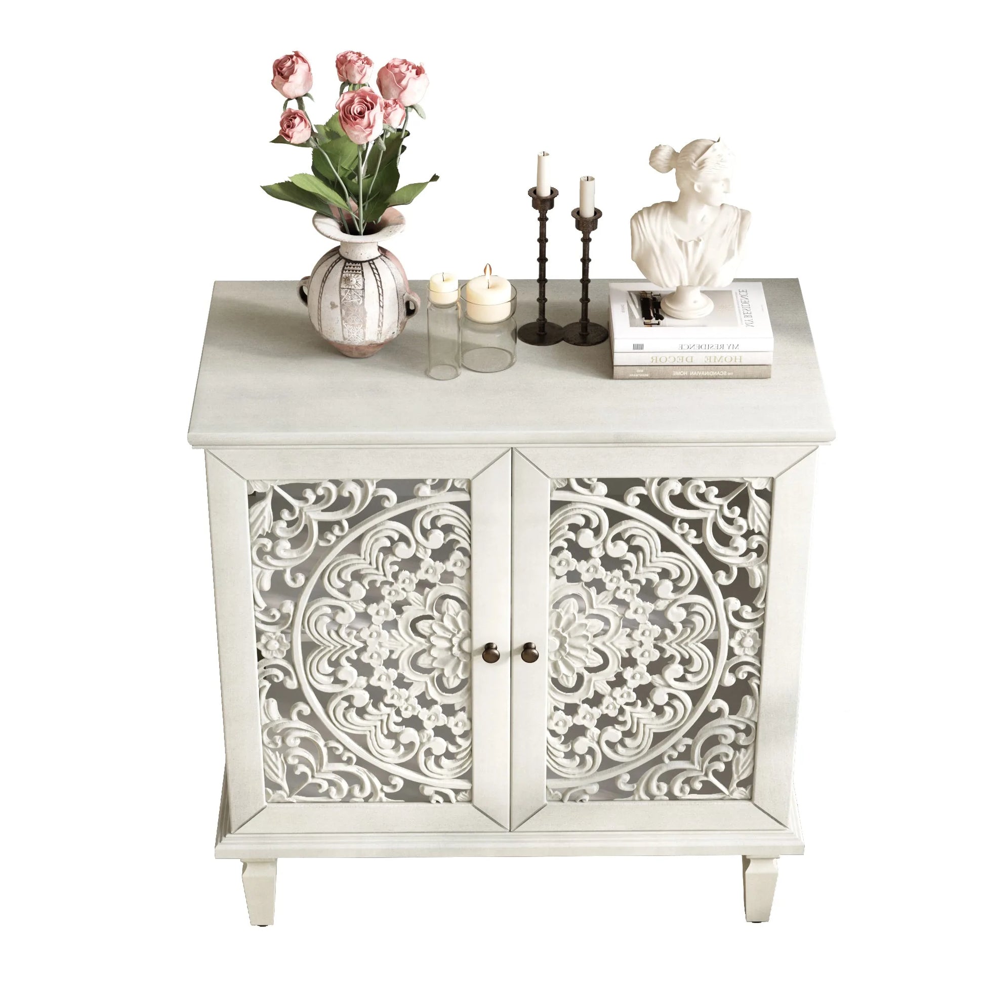 Vintage Hollow-Carved Accent Cabinet, 2-Door Display Storage Sideboard with Symmetrical Floral Design, Adjustable Shelf and Solid Wood Legs for Living Room Entryway(Antique Blue) detail view 62