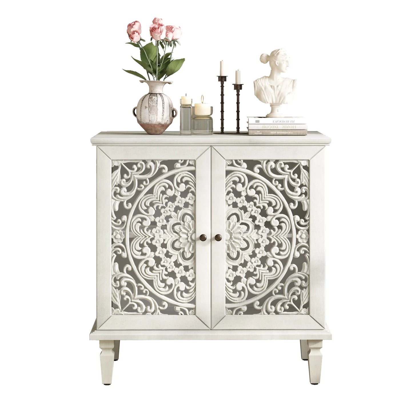 Vintage Hollow-Carved Accent Cabinet, 2-Door Display Storage Sideboard with Symmetrical Floral Design, Adjustable Shelf and Solid Wood Legs for Living Room Entryway(Antique Blue) detail view 64