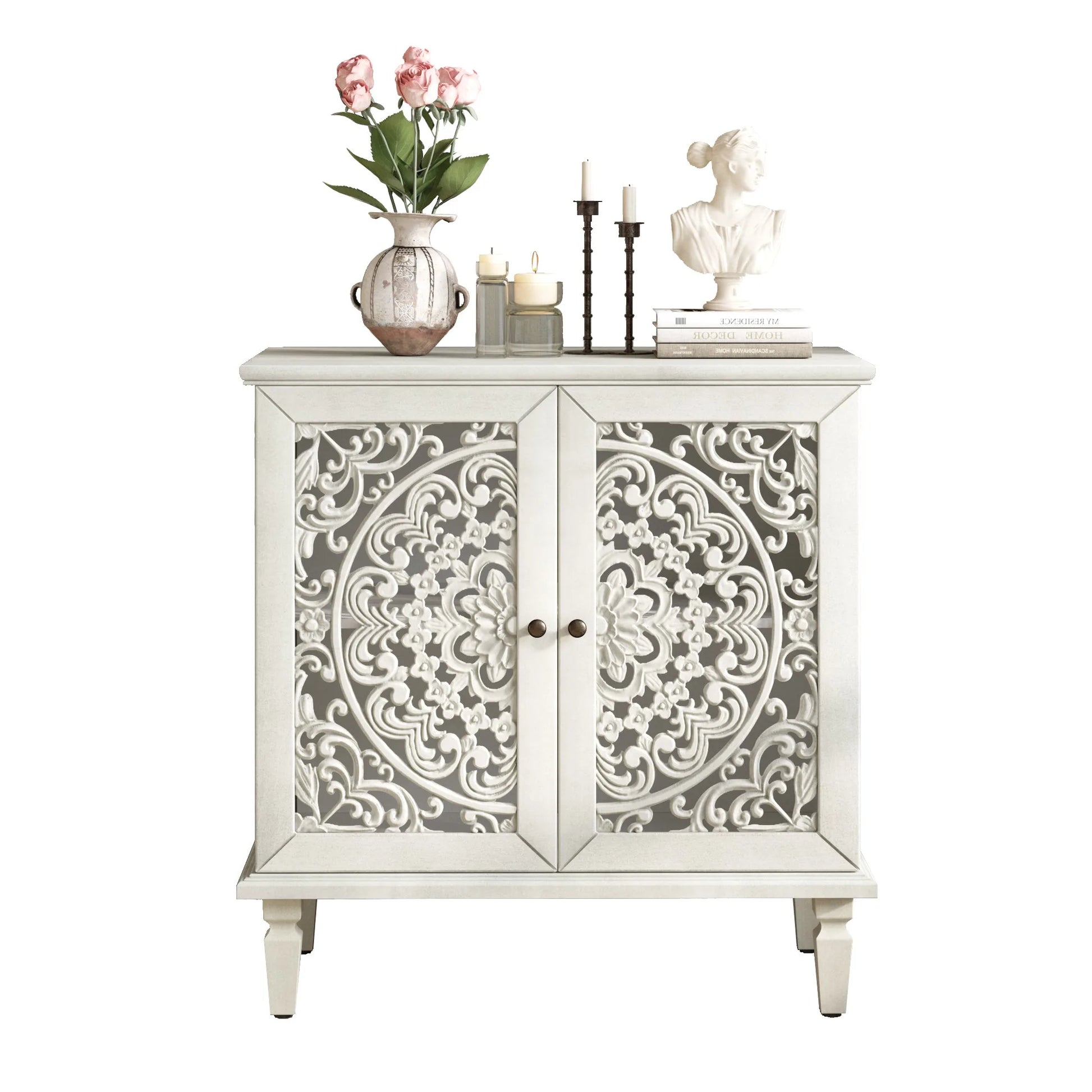 Vintage Hollow-Carved Accent Cabinet, 2-Door Display Storage Sideboard with Symmetrical Floral Design, Adjustable Shelf and Solid Wood Legs for Living Room Entryway(Antique Blue) detail view 64