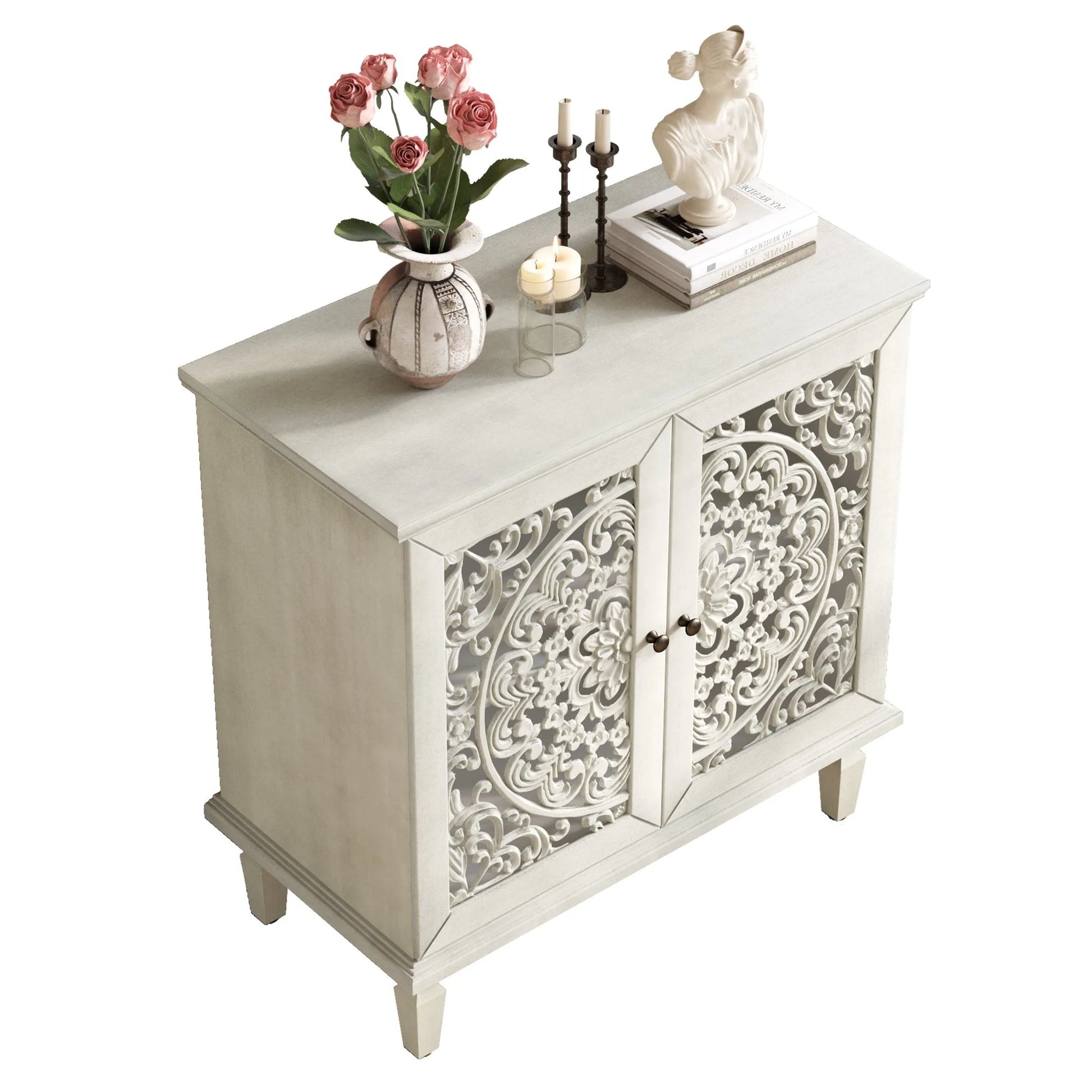 Vintage Hollow-Carved Accent Cabinet, 2-Door Display Storage Sideboard with Symmetrical Floral Design, Adjustable Shelf and Solid Wood Legs for Living Room Entryway(Antique Blue) detail view 65