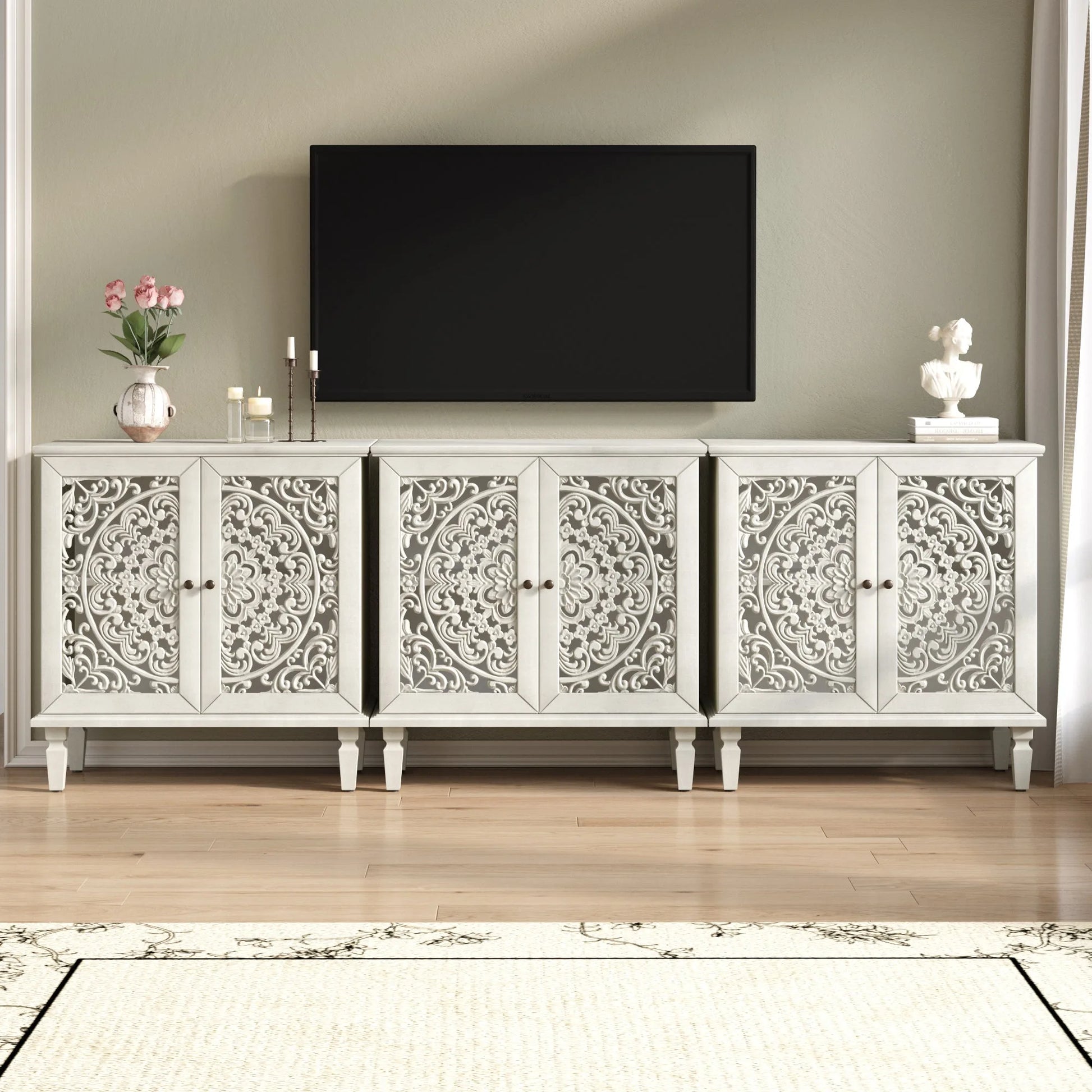 Vintage Hollow-Carved Accent Cabinet, 2-Door Display Storage Sideboard with Symmetrical Floral Design, Adjustable Shelf and Solid Wood Legs for Living Room Entryway(Antique Blue) detail view 66