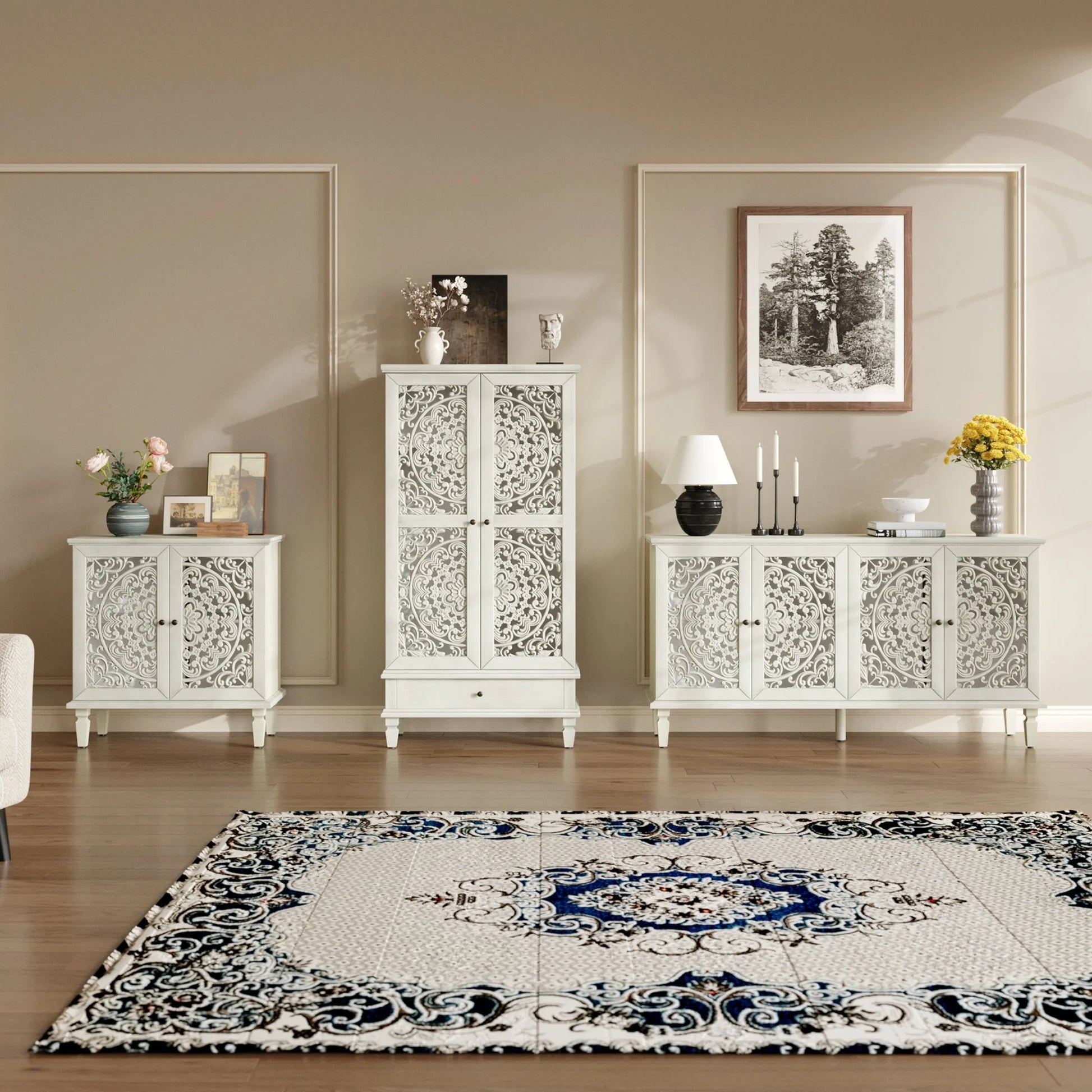 Vintage Hollow-Carved Accent Cabinet, 2-Door Display Storage Sideboard with Symmetrical Floral Design, Adjustable Shelf and Solid Wood Legs for Living Room Entryway(Antique Blue) detail view 67