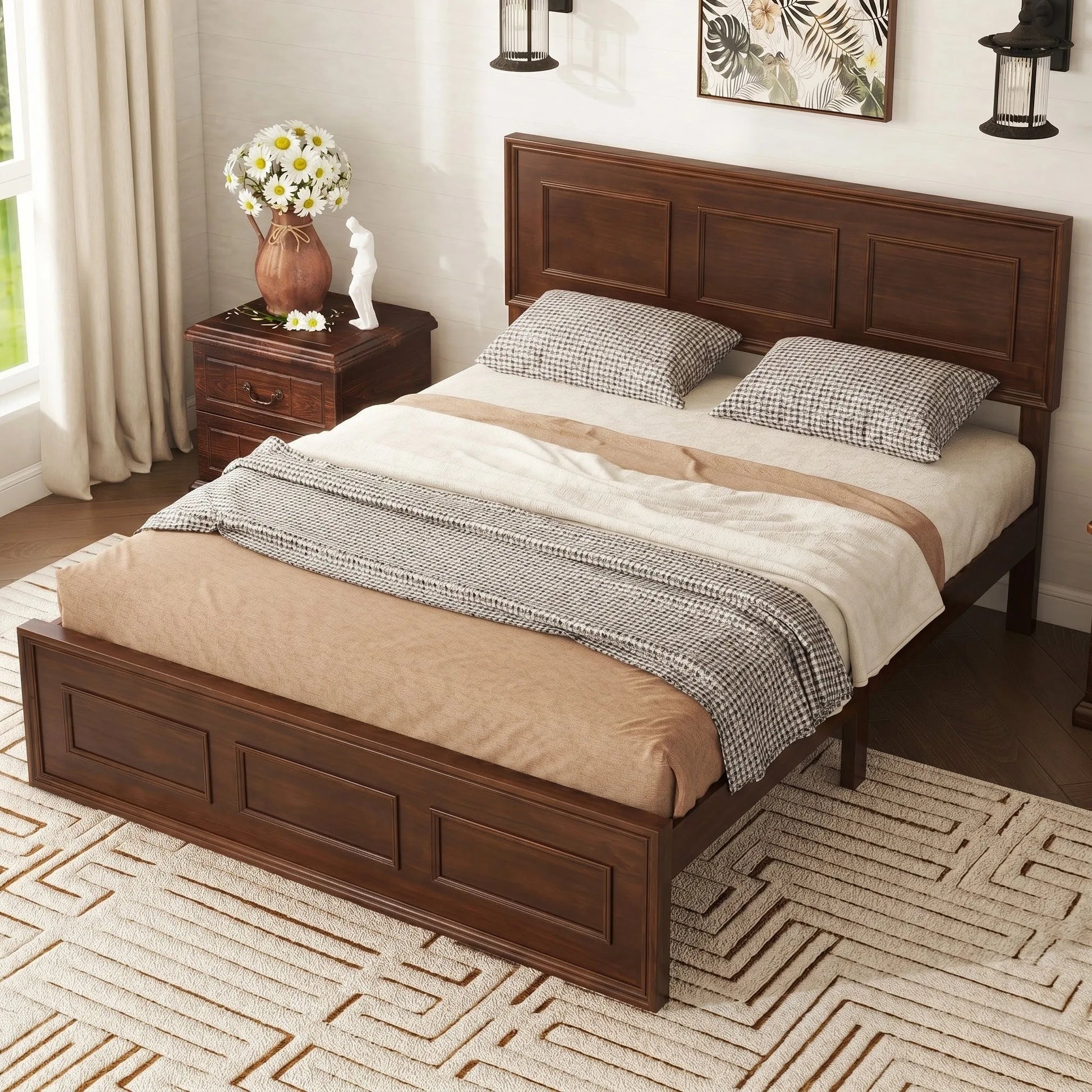 Full Size Bed with Adjustable Height Headboard, Pine Wood Bed with Strengthened Bed Frame, Walnut lifestyle view