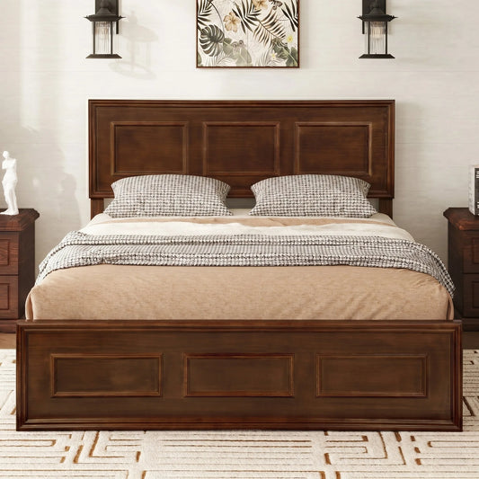 Full Size Bed with Adjustable Height Headboard, Pine Wood Bed with Strengthened Bed Frame, Walnut detail view 2