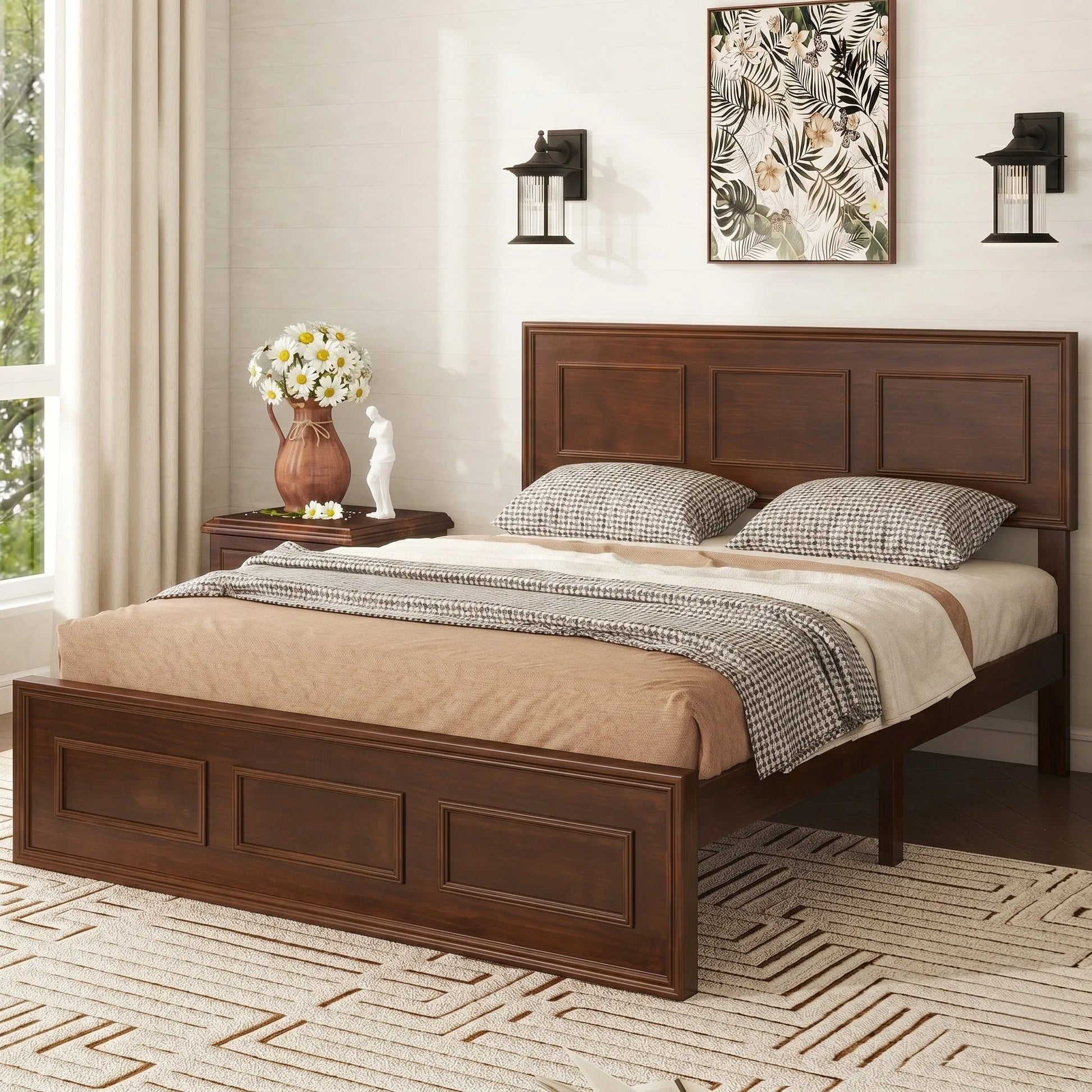 Full Size Bed with Adjustable Height Headboard, Pine Wood Bed with Strengthened Bed Frame, Walnut detail view 3