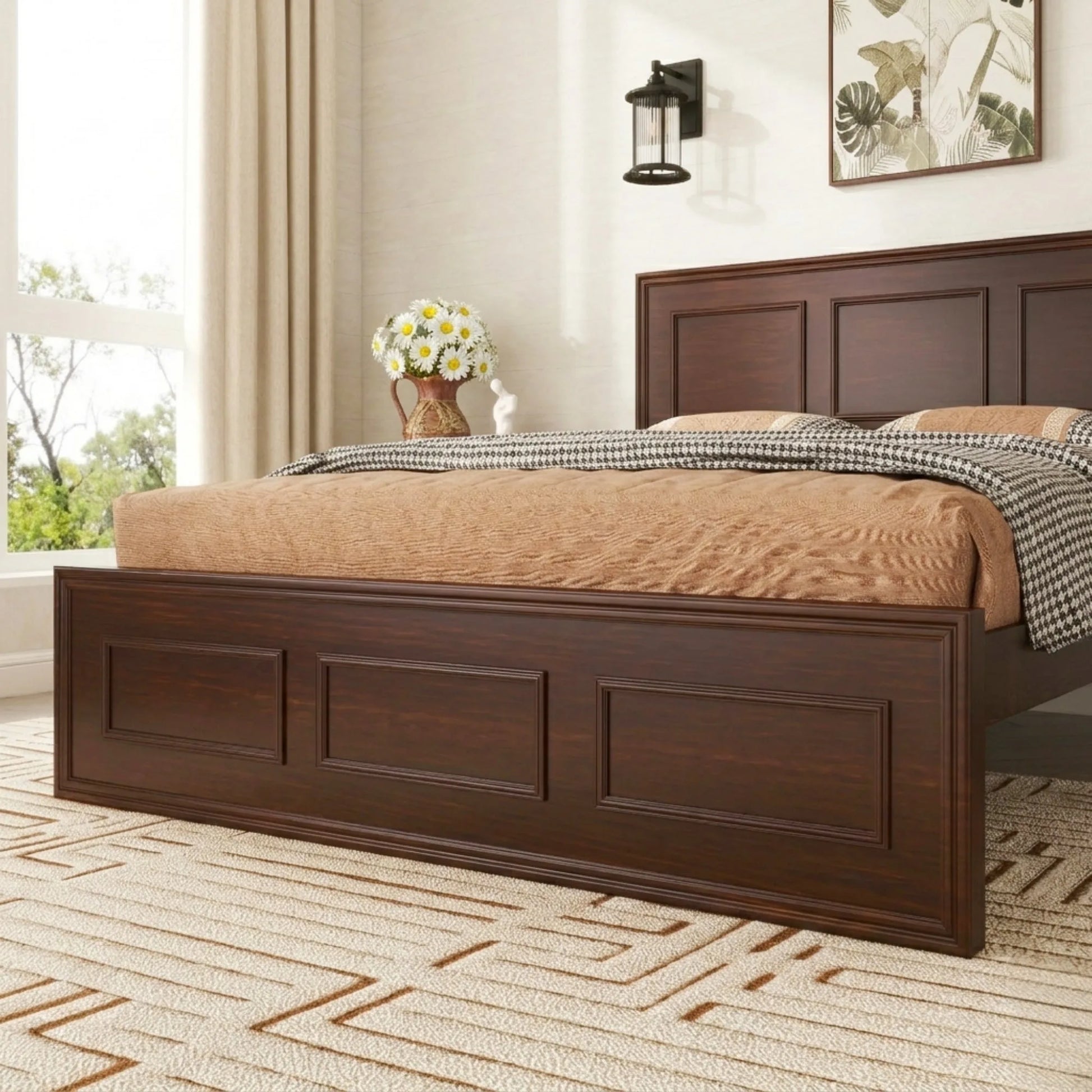 Full Size Bed with Adjustable Height Headboard, Pine Wood Bed with Strengthened Bed Frame, Walnut detail view 4