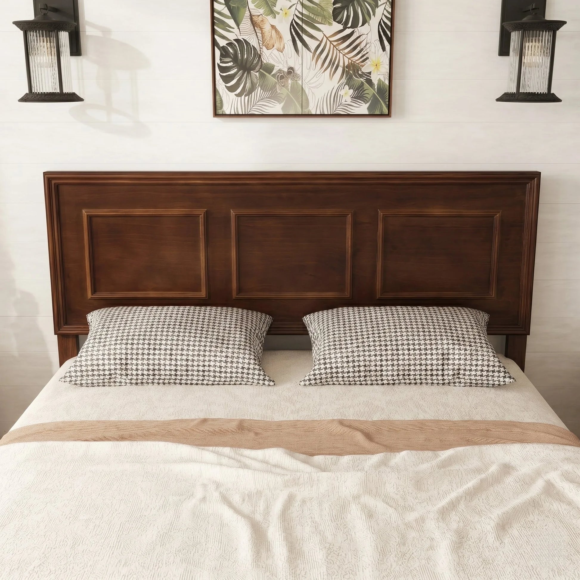 Full Size Bed with Adjustable Height Headboard, Pine Wood Bed with Strengthened Bed Frame, Walnut detail view 5