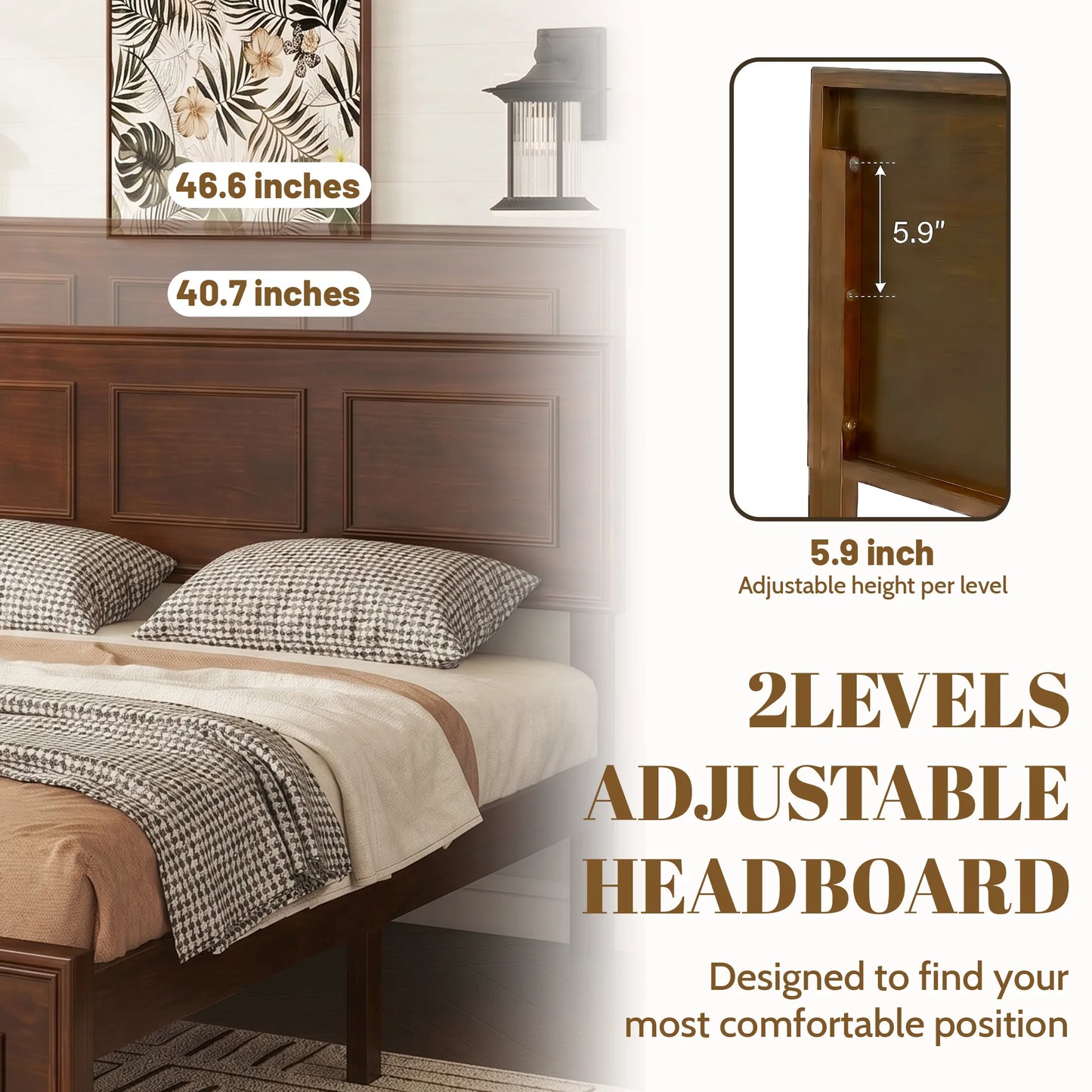 Full Size Bed with Adjustable Height Headboard, Pine Wood Bed with Strengthened Bed Frame, Walnut detail view 7