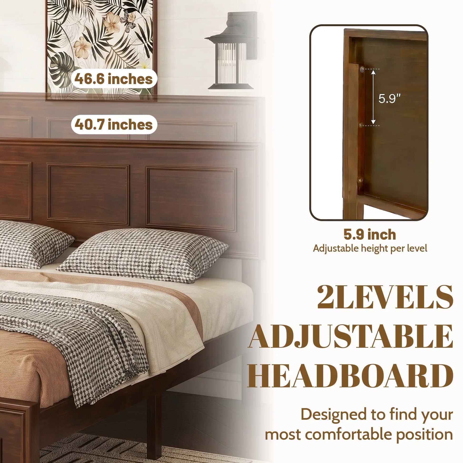 Full Size Bed with Adjustable Height Headboard, Pine Wood Bed with Strengthened Bed Frame, Walnut detail view 7