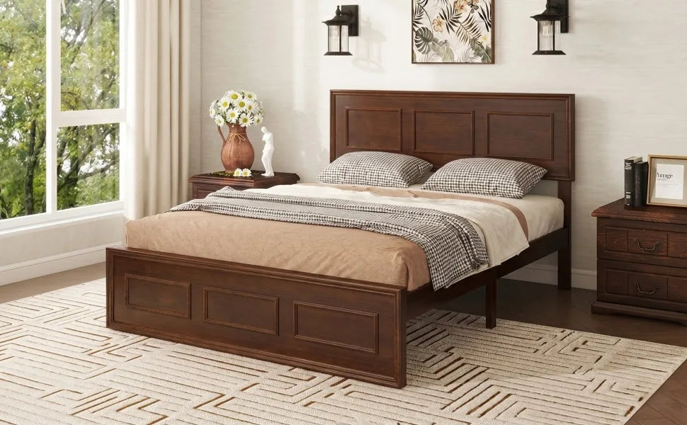 Full Size Bed with Adjustable Height Headboard, Pine Wood Bed with Strengthened Bed Frame, Walnut detail view 8