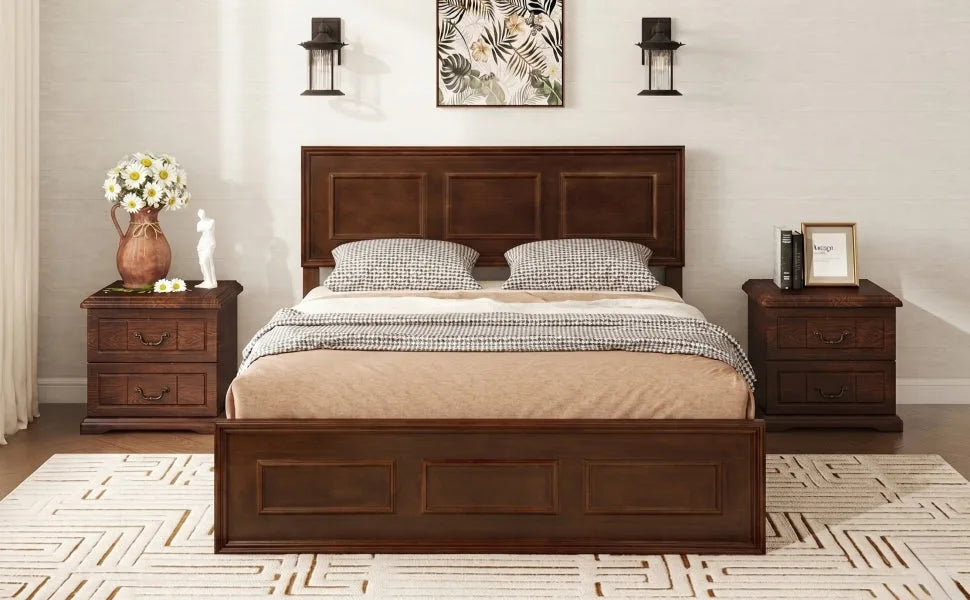 Full Size Bed with Adjustable Height Headboard, Pine Wood Bed with Strengthened Bed Frame, Walnut detail view 9