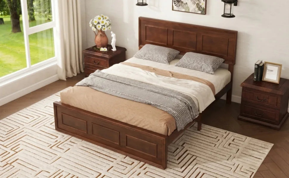 Full Size Bed with Adjustable Height Headboard, Pine Wood Bed with Strengthened Bed Frame, Walnut detail view 10
