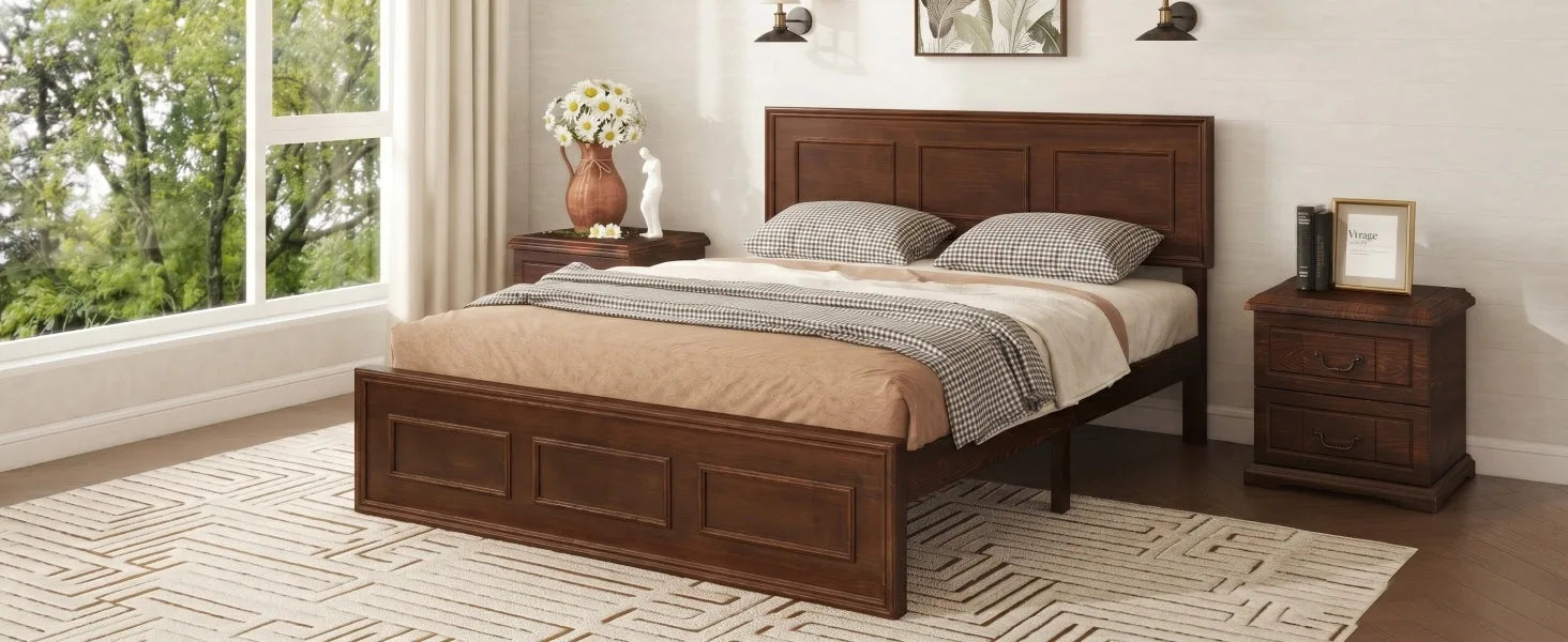 Full Size Bed with Adjustable Height Headboard, Pine Wood Bed with Strengthened Bed Frame, Walnut detail view 11