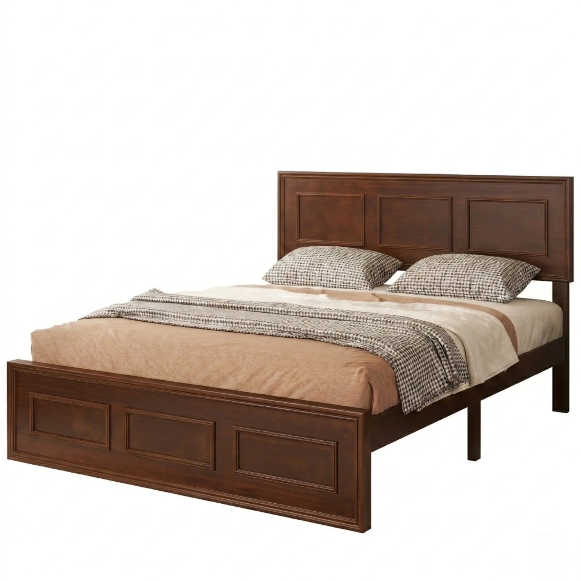 Full Size Bed with Adjustable Height Headboard, Pine Wood Bed with Strengthened Bed Frame, Walnut detail view 14