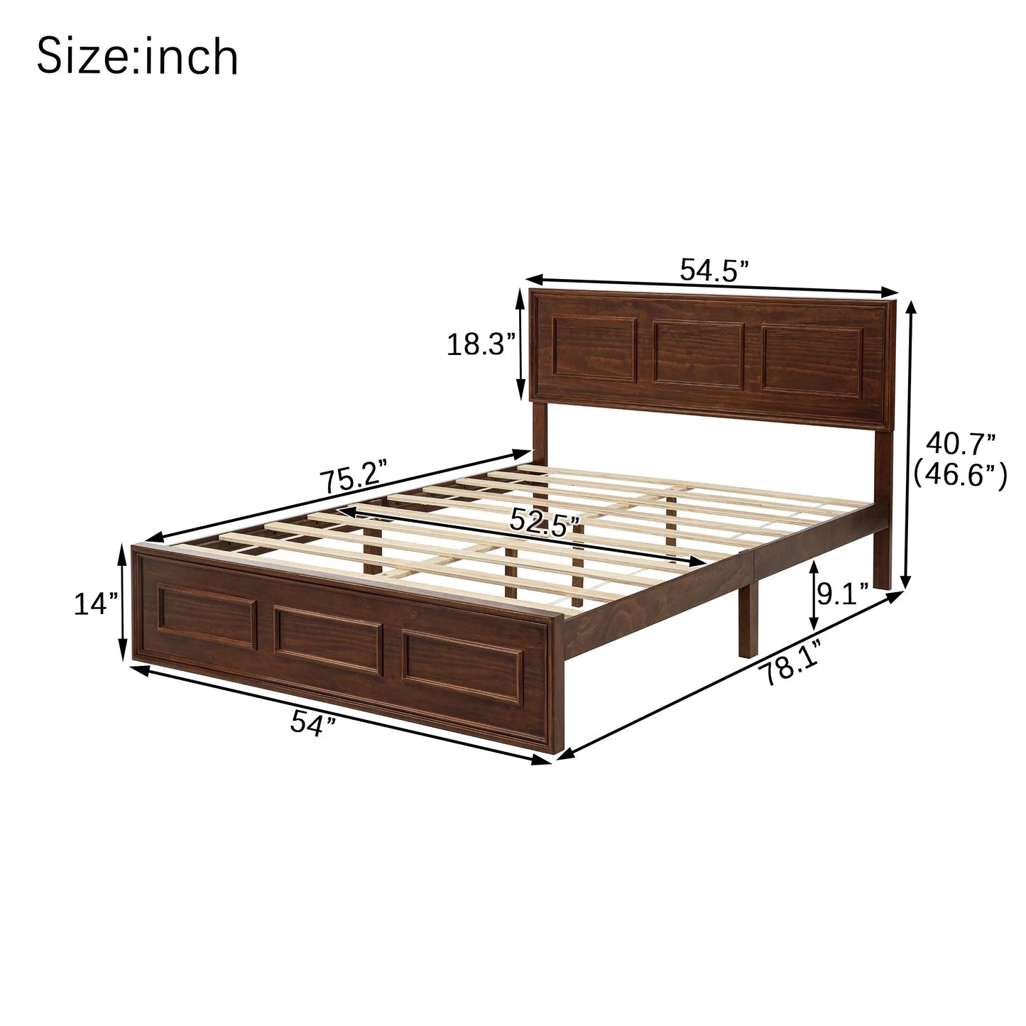 Full Size Bed with Adjustable Height Headboard, Pine Wood Bed with Strengthened Bed Frame, Walnut detail view 15