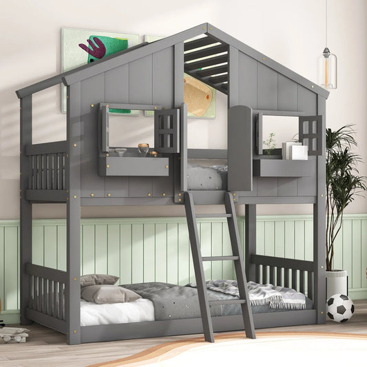 Grey Twin over Twin House Bunk Bed with Roof, Window, Box, and Door - Safety Guardrails and Ladder lifestyle view