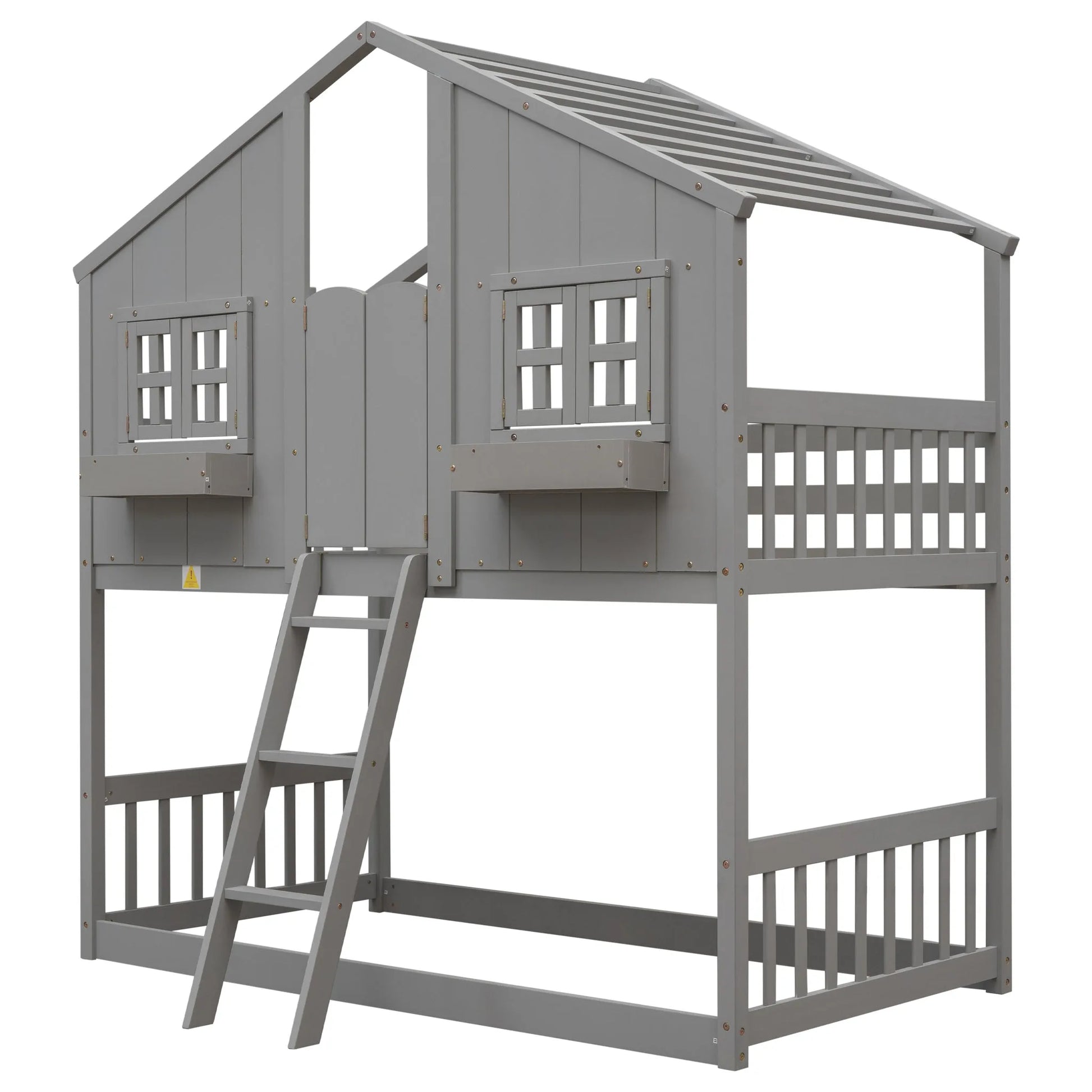 Grey Twin over Twin House Bunk Bed with Roof, Window, Box, and Door - Safety Guardrails and Ladder detail view 2