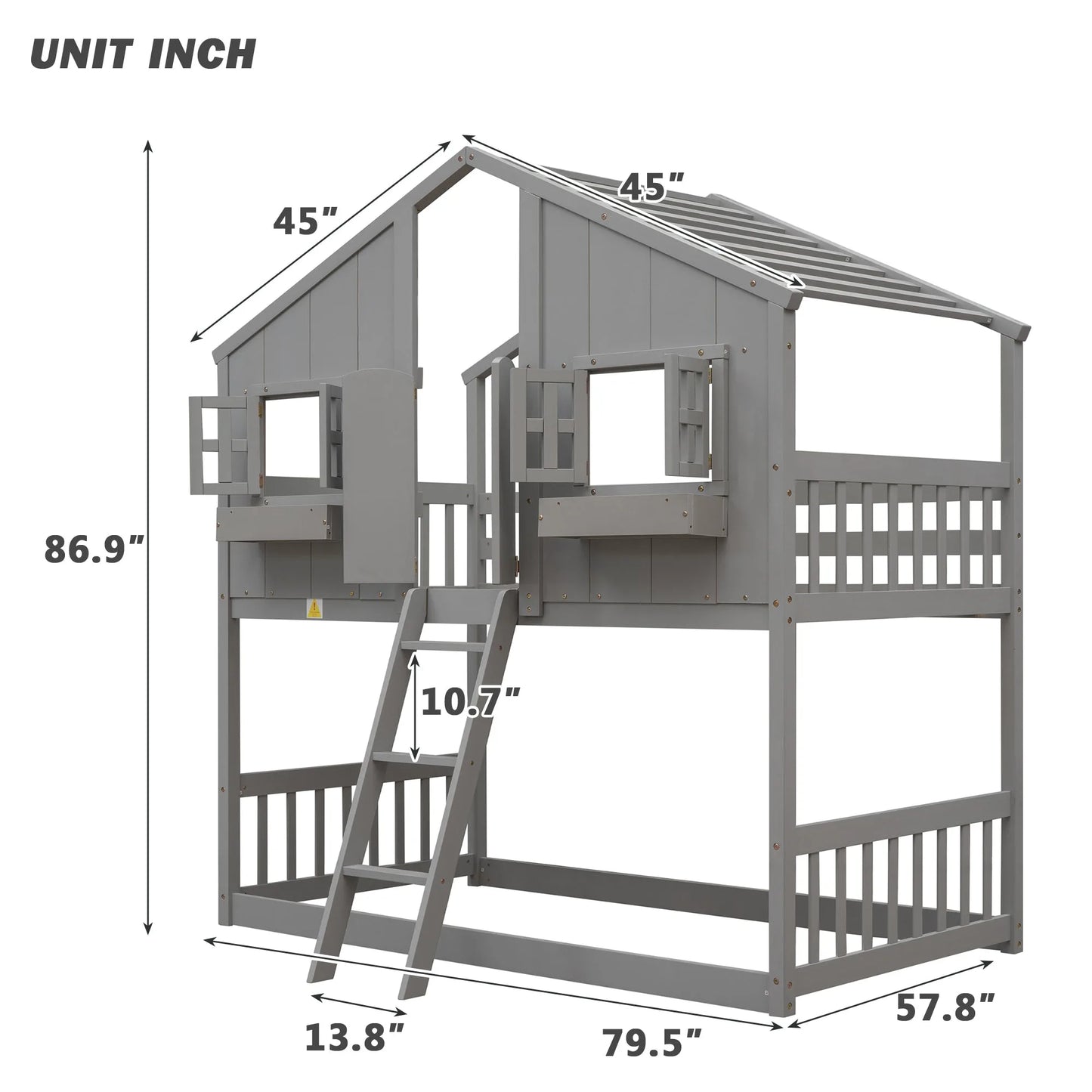 Grey Twin over Twin House Bunk Bed with Roof, Window, Box, and Door - Safety Guardrails and Ladder detail view 3