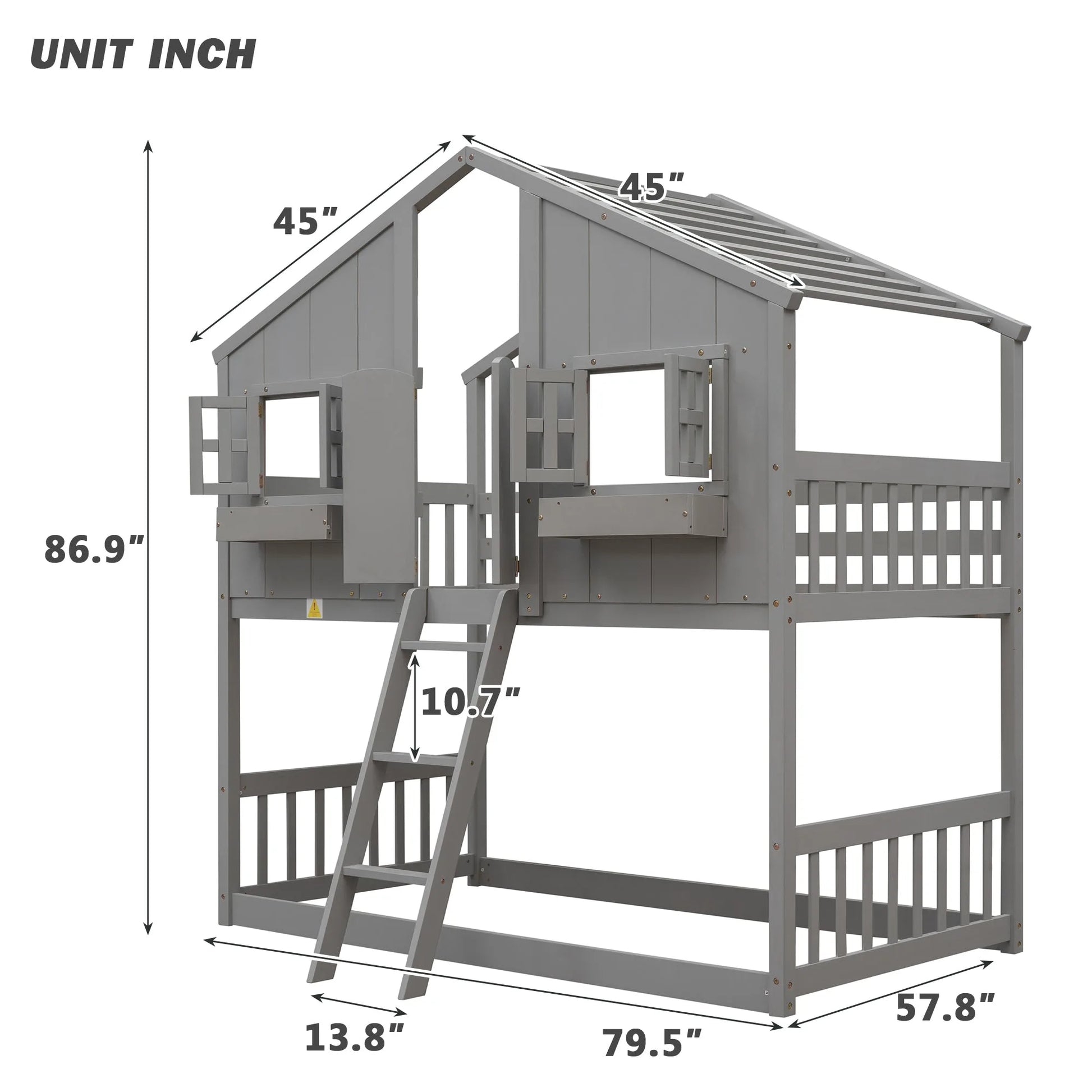 Grey Twin over Twin House Bunk Bed with Roof, Window, Box, and Door - Safety Guardrails and Ladder detail view 3