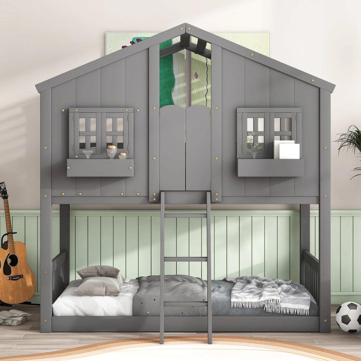 Grey Twin over Twin House Bunk Bed with Roof, Window, Box, and Door - Safety Guardrails and Ladder detail view 4