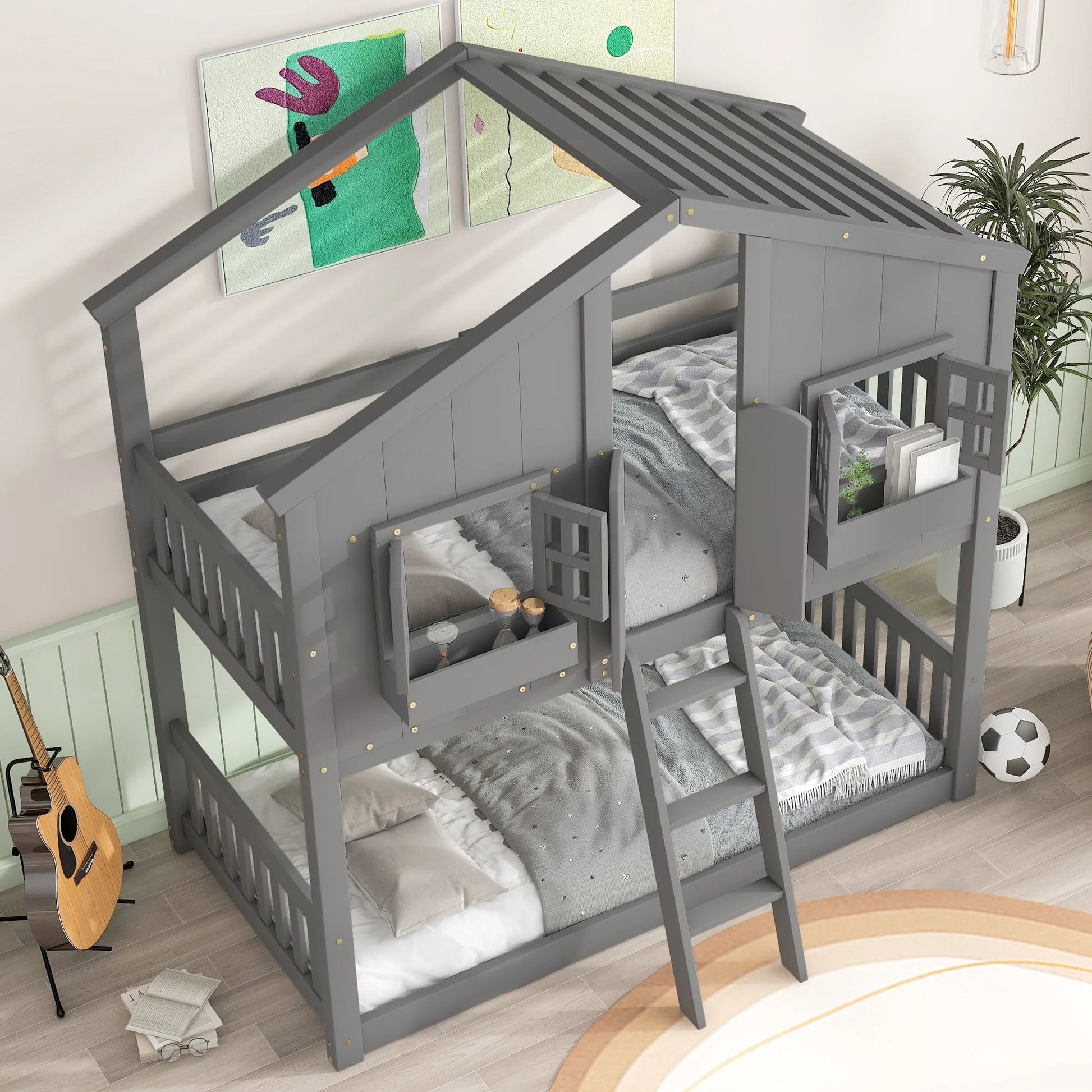 Grey Twin over Twin House Bunk Bed with Roof, Window, Box, and Door - Safety Guardrails and Ladder detail view 5