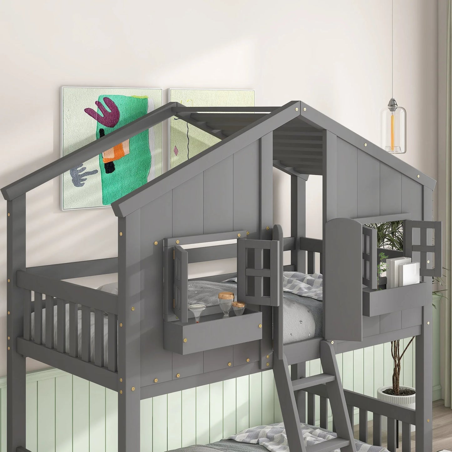 Grey Twin over Twin House Bunk Bed with Roof, Window, Box, and Door - Safety Guardrails and Ladder detail view 6