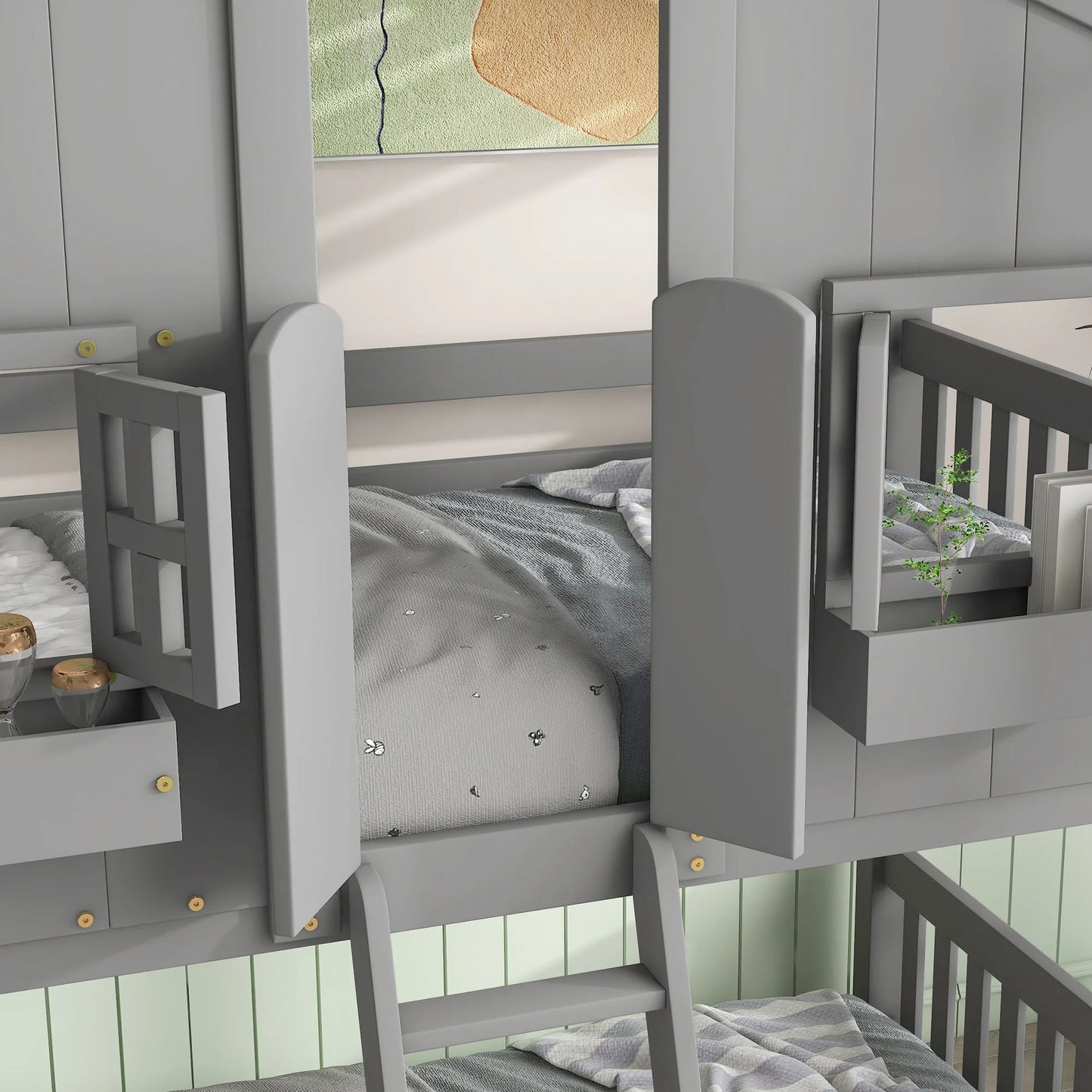 Grey Twin over Twin House Bunk Bed with Roof, Window, Box, and Door - Safety Guardrails and Ladder detail view 7