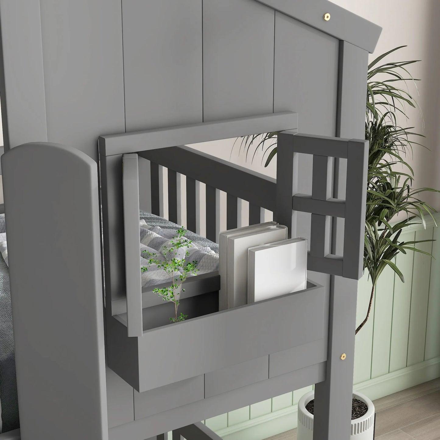 Grey Twin over Twin House Bunk Bed with Roof, Window, Box, and Door - Safety Guardrails and Ladder detail view 8