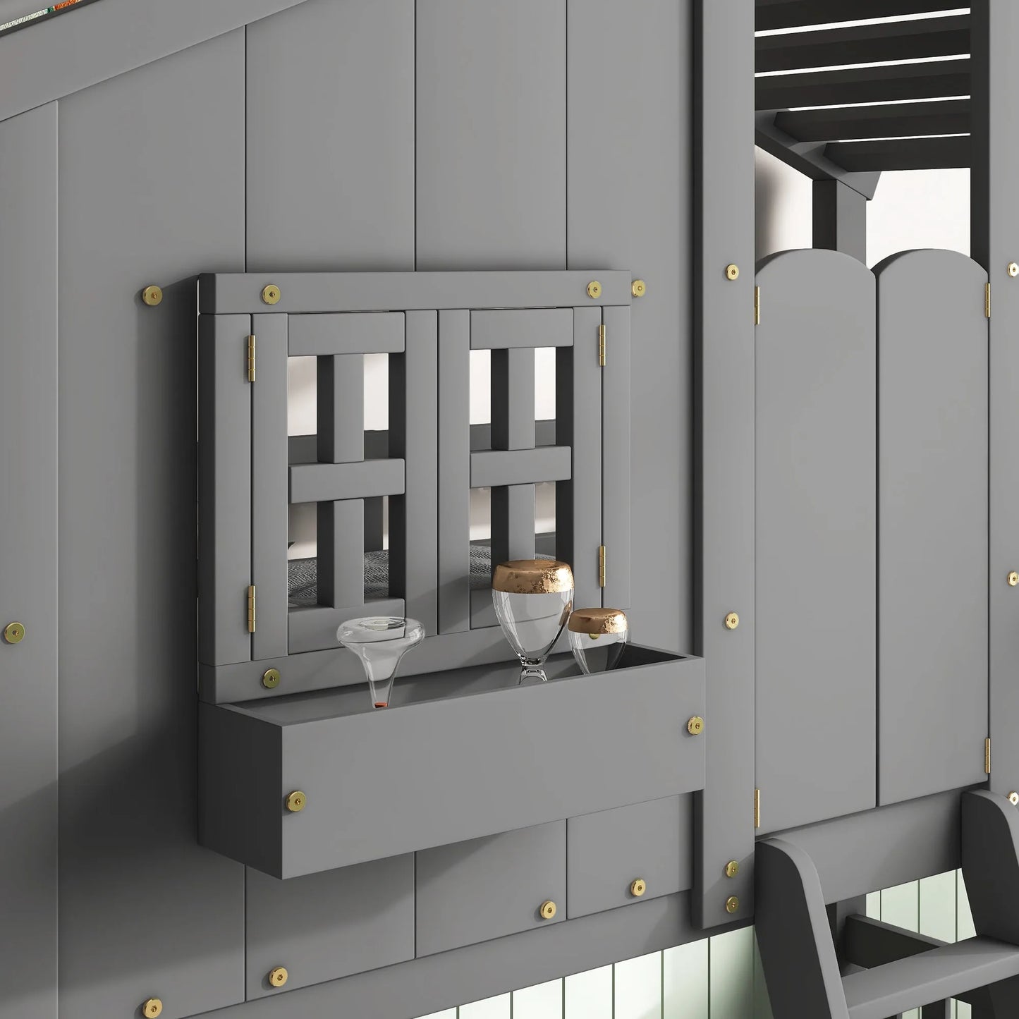 Grey Twin over Twin House Bunk Bed with Roof, Window, Box, and Door - Safety Guardrails and Ladder detail view 9